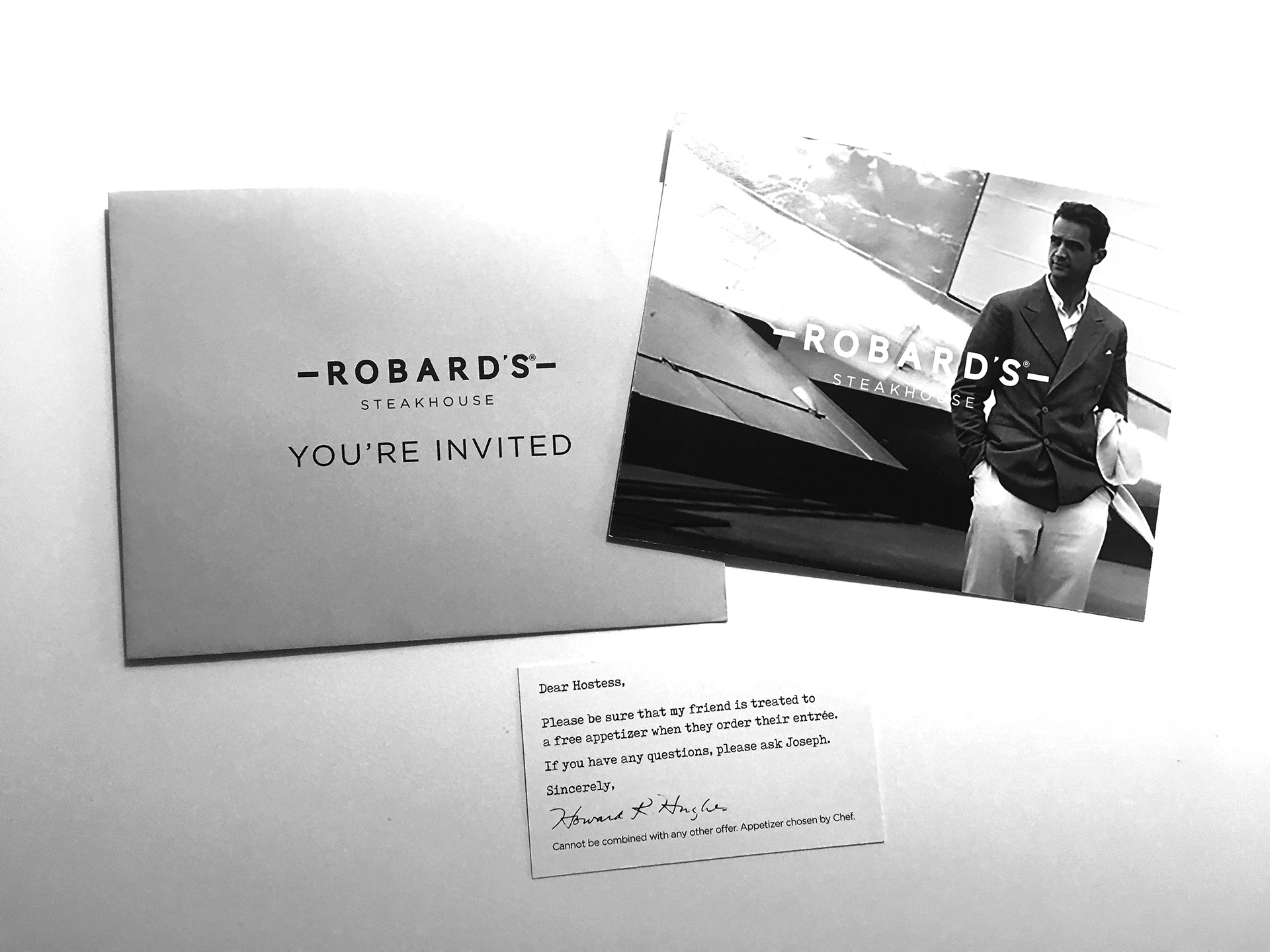 Invitation to hotel guests with unique note from Mr. Hughes.