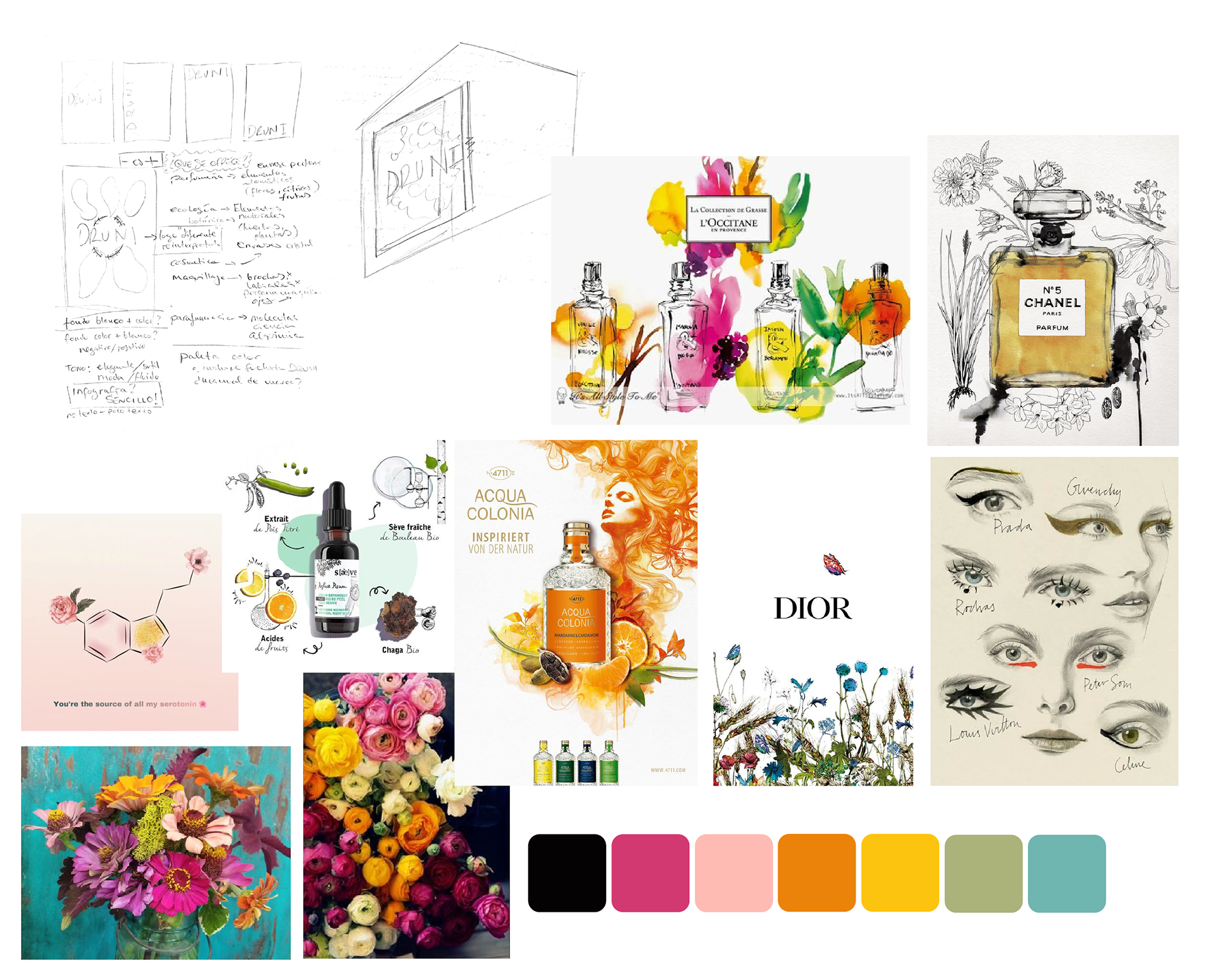 VISION BOARD: Adquirimos la frescura en la paleta de colores, veraniega y floral, y a su vez las flores que evocan la feminidad y una atmósfera fresca.. De inspiración algunas publicidades de perfume de alta gama.