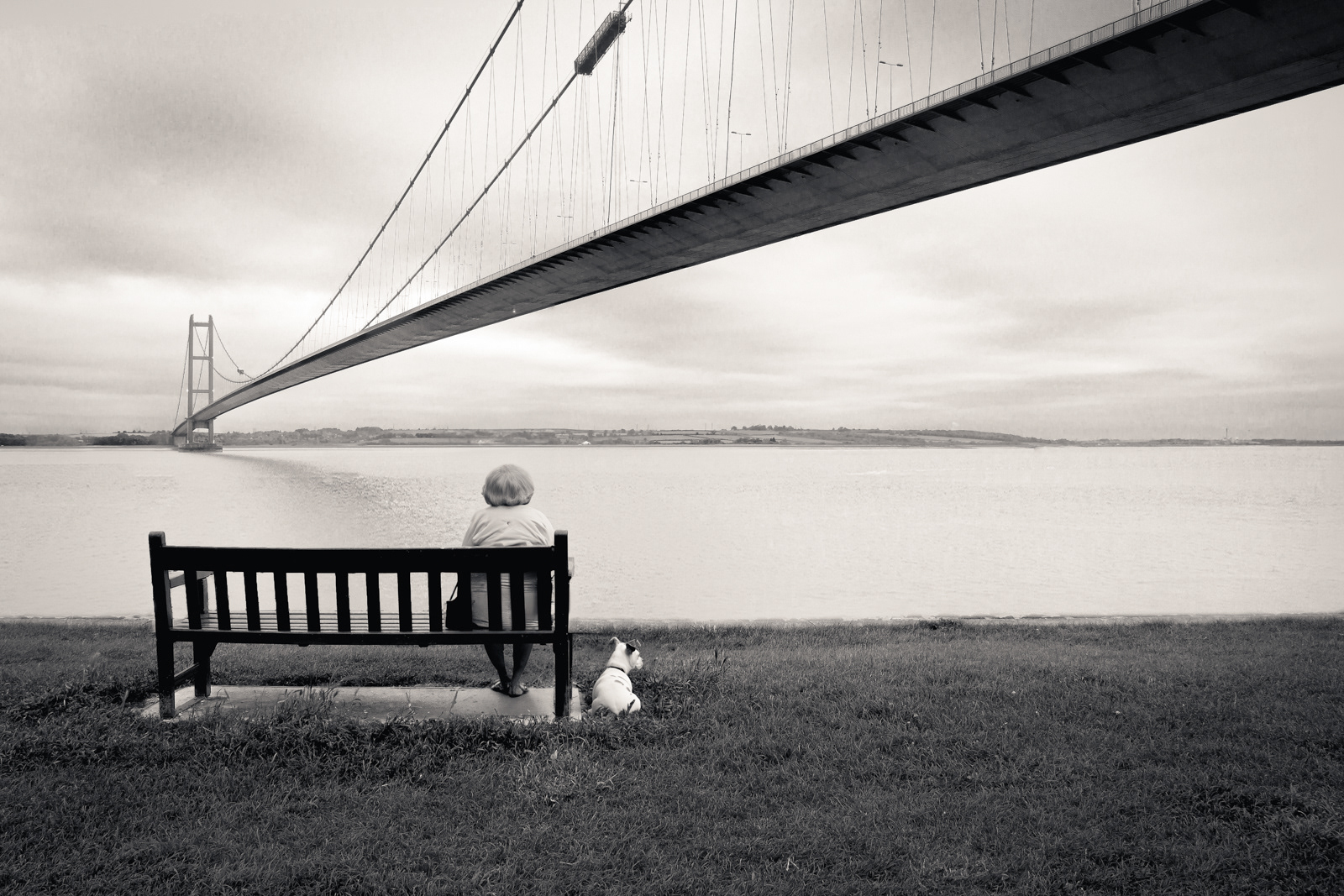 A black-and-white image of a person sitting on a bench facing the Humber Bridge. The person is accompanied by a small dog sitting on the grass next to the bench. The bridge stretches across the water, disappearing into the horizon under a cloudy sky, creating a tranquil and reflective scene.