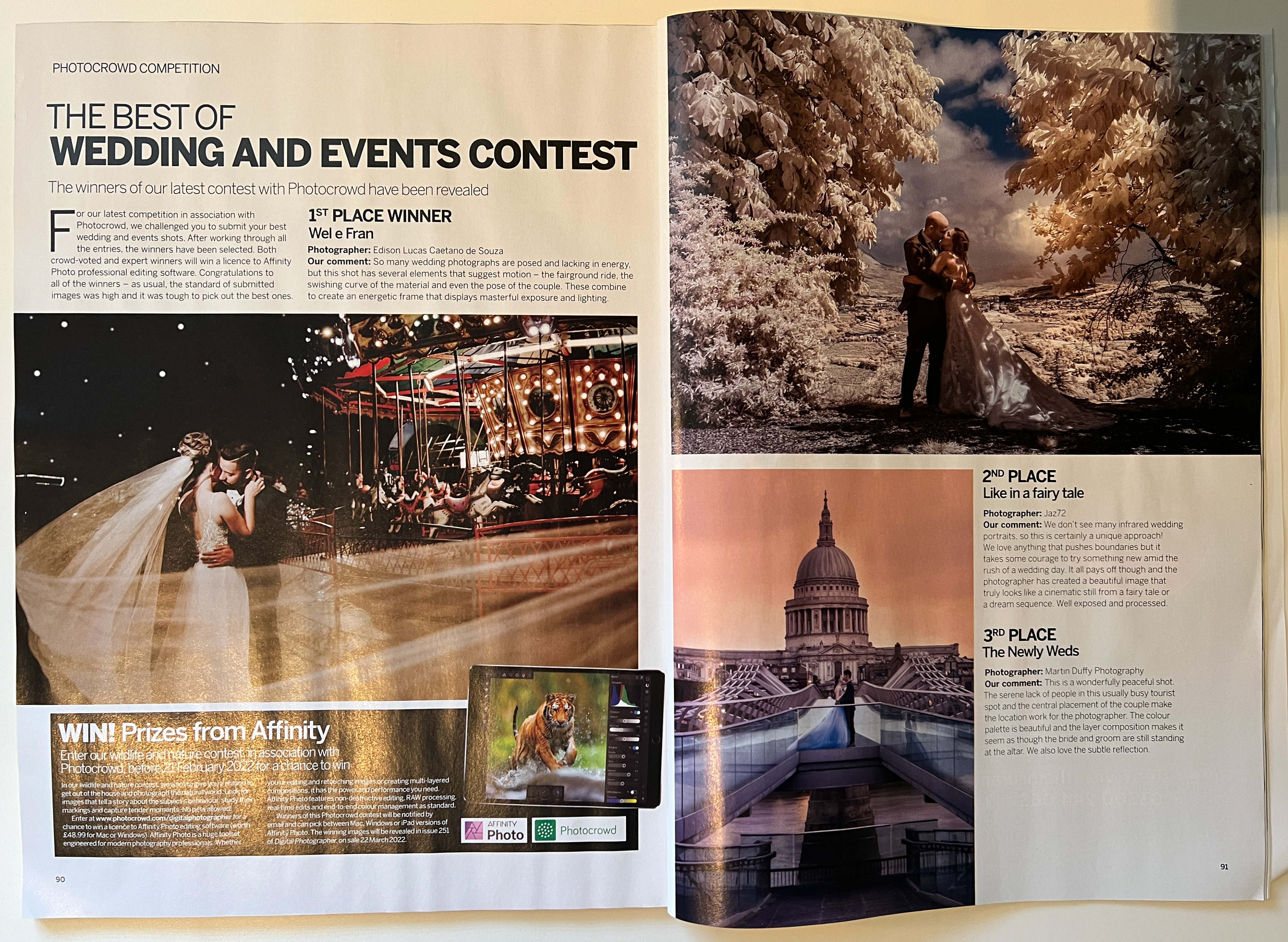 A magazine spread featuring the winners of a photography competition by Photocrowd titled "The Best of Wedding and Events Contest." The left page showcases the 1st Place Winner, "We le Fran" by Edison Lucas Caetano de Souza, depicting a dynamic and energetic wedding scene with a couple dancing in front of a carousel. The right page highlights the 2nd Place photo, "Like in a Fairy Tale" by JZ77, featuring an infrared wedding portrait of a couple kissing under large, dreamlike trees. The 3rd Place image, "The Newly Weds" by Martin Duffy Photography, shows a serene moment of a couple on a bridge with St. Paul’s Cathedral in the background. The spread includes comments on the winning photos and a promotion for Affinity photo software.