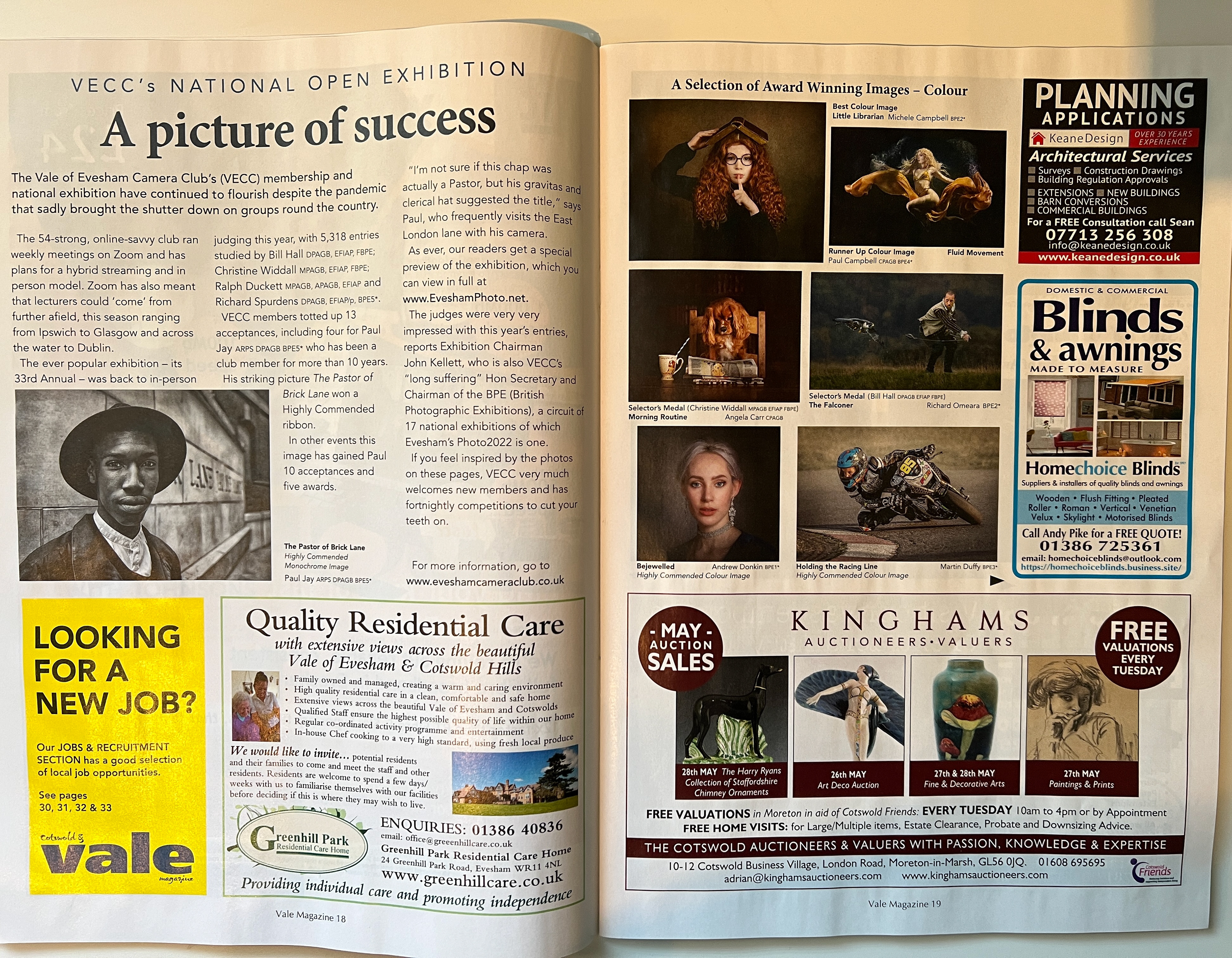 A magazine spread from Vale Magazine titled "VECC's National Open Exhibition: A Picture of Success." The left page features an article detailing the success of the Vale of Evesham Camera Club's (VECC) membership and national exhibition during the pandemic, highlighting the return to in-person events for the 33rd Annual Exhibition. The article mentions a standout image, "The Pastor of Brick Lane" by Paul Jay ARPS DPAGB EFIAP, and emphasizes the club's growth and achievements. The right page showcases a selection of award-winning images in color from the exhibition, including "Little Librarian" by Michele Campbell (Best Colour Image), "Fluid Movement" by Mike Cramp (Runner-Up Colour Image), "The Falconer" by Richard Omerod (Selector’s Medal), "Bewildered" by Andrew Dobbin (Highly Commended Colour Image), and "Holding the Racing Line" by Martin Duffy BPE4 (Commended). 