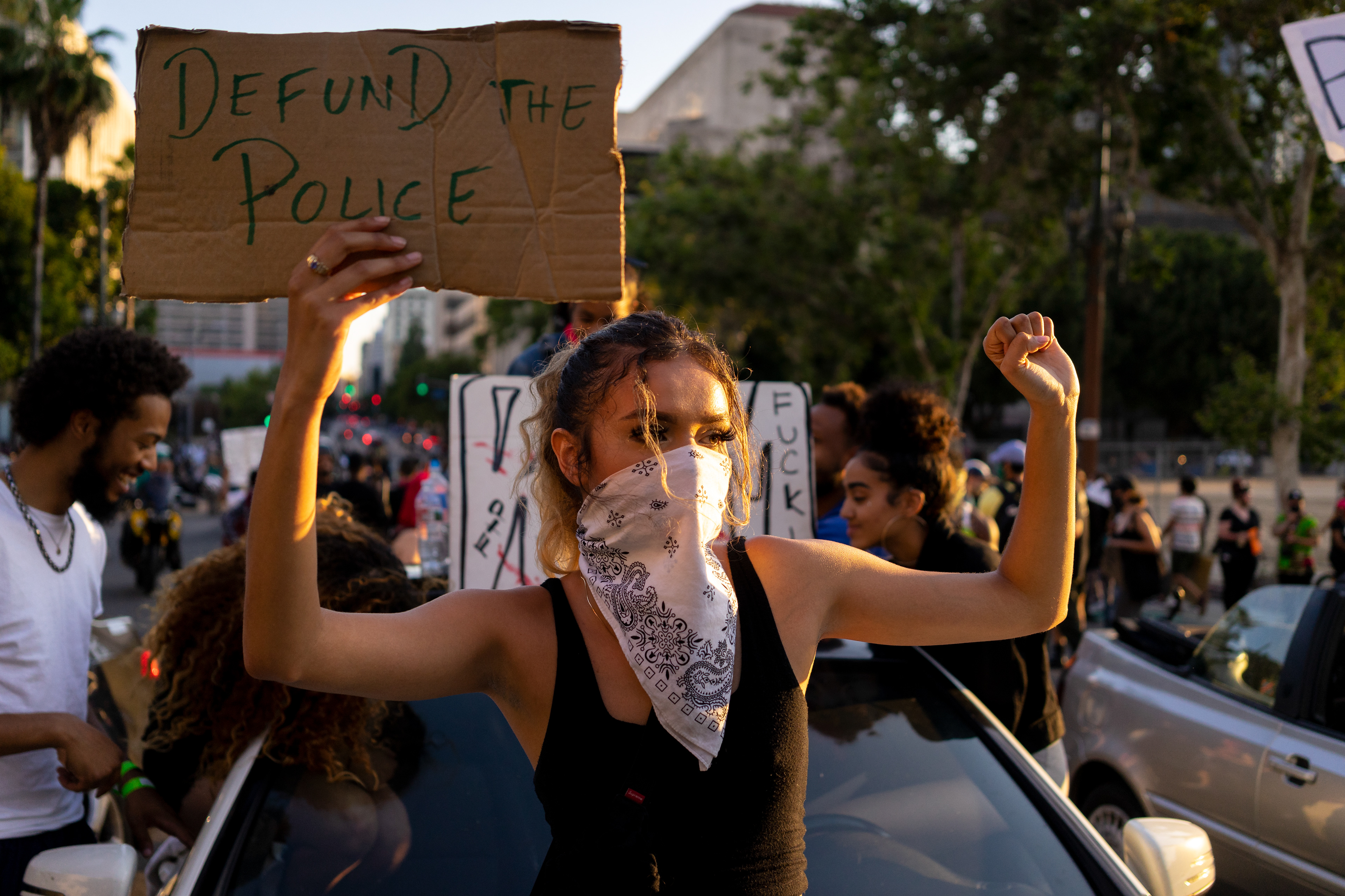 Defund the Police: Downtown, Los Angeles - A theme that has emerged from the LA protests, is the idea of defunding the LAPD. This would entail cutting LAPD funding and redistributing those funds to other, often underfunded, city services. Such as housing, education, and mental health services. Citizens participate in a peaceful Black Lives Matter protest on the fifth day of demonstrations against continued police violence and murder in the wake of George Floyd's murder by Minnesota Police. June 3, 2020-Los Angeles-Photo by Aaron Guy Leroux/ Sipa USA