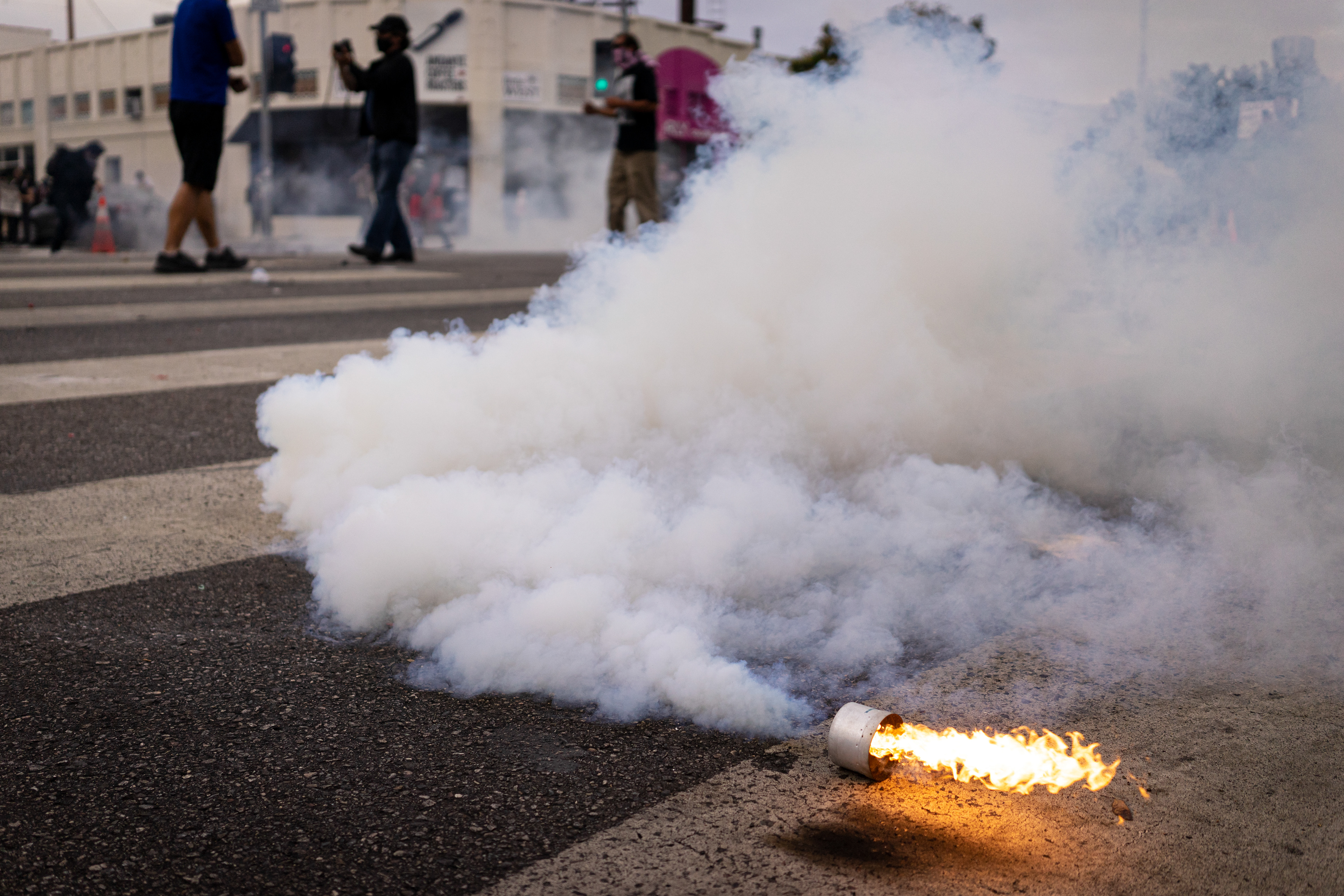 Tear Gas: Fairfax, Los Angeles - Tear gas burns in the streets of America once again. Angelinos took to the streets to protest continued police violence and murder in the wake of George Floyd's murder by Minnesota Police on May 25th. May 30, 2020-Los Angeles-Photo by Aaron Guy Leroux/ Sipa USA