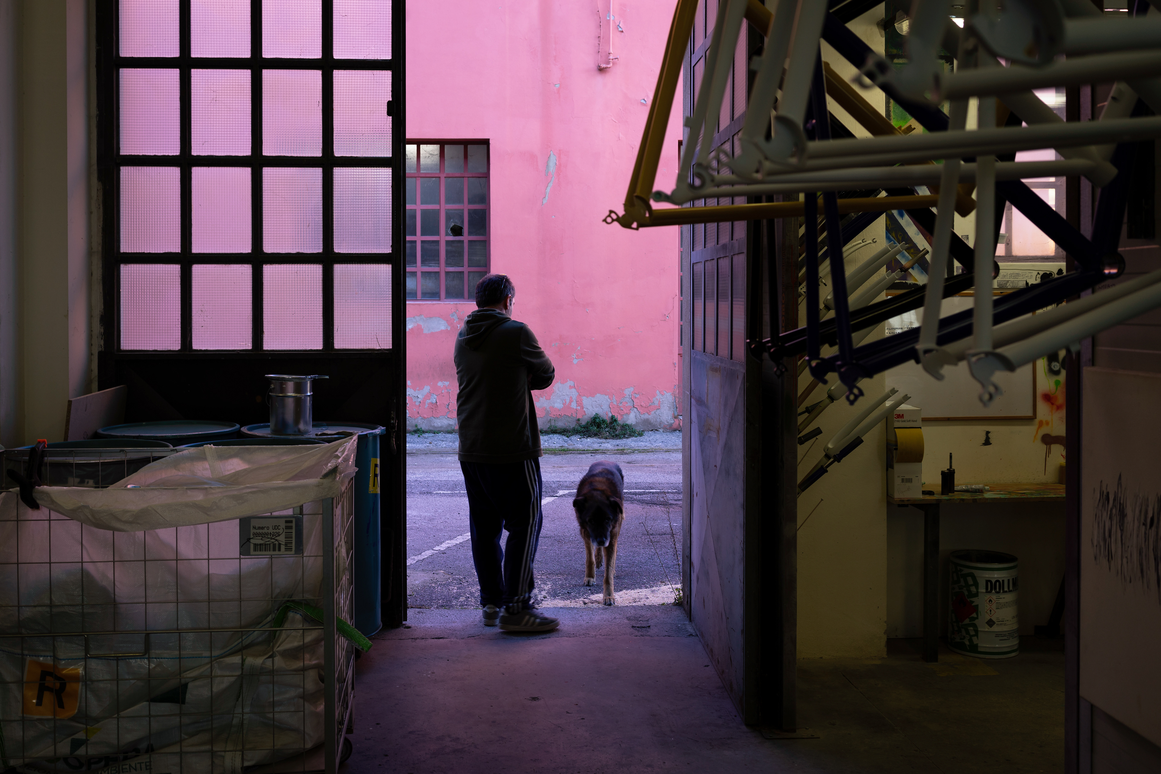 11: Pietro & Jack -Pietro and Jack are engaged here in their daily routine of Jack walking very slowly to and from the "bathroom." Jack lives in the shop. He is their mascot. He is also 13 years old, and very near the end of his life. Pietro and Dario found him on a trip to Croatia when he was just a puppy.
