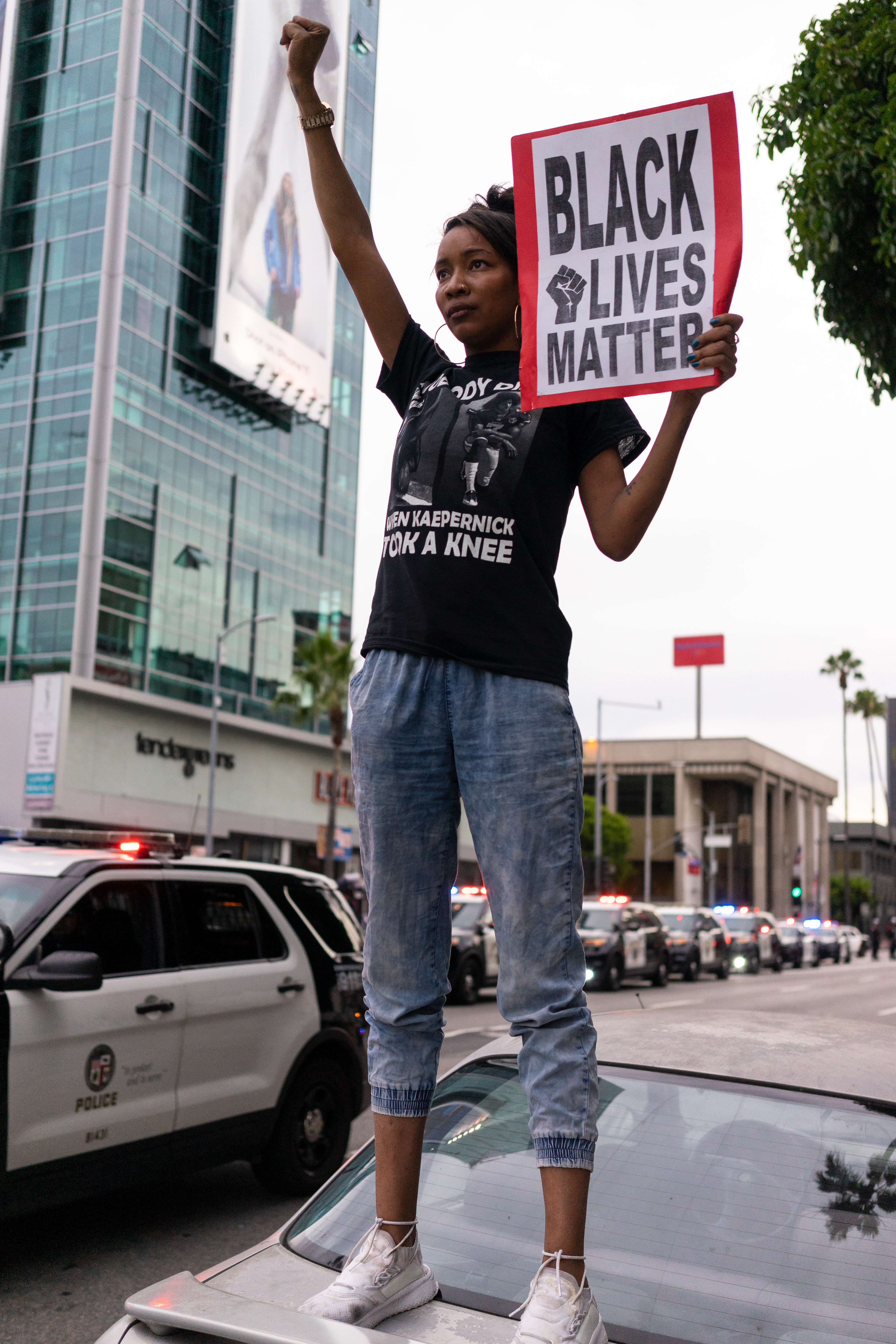 Protest: Hollywood - A protestor refuses to budge from her car. This woman was, several minutes later, arrested by a group of officers who also arrested this reporter as well. Angelinos took to the streets for a third day to protest continued police violence and murder in the wake of George Floyd's murder by Minnesota Police on May 25th. June 1, 2020-Los Angeles-Photo by Aaron Guy Leroux/ Sipa USA