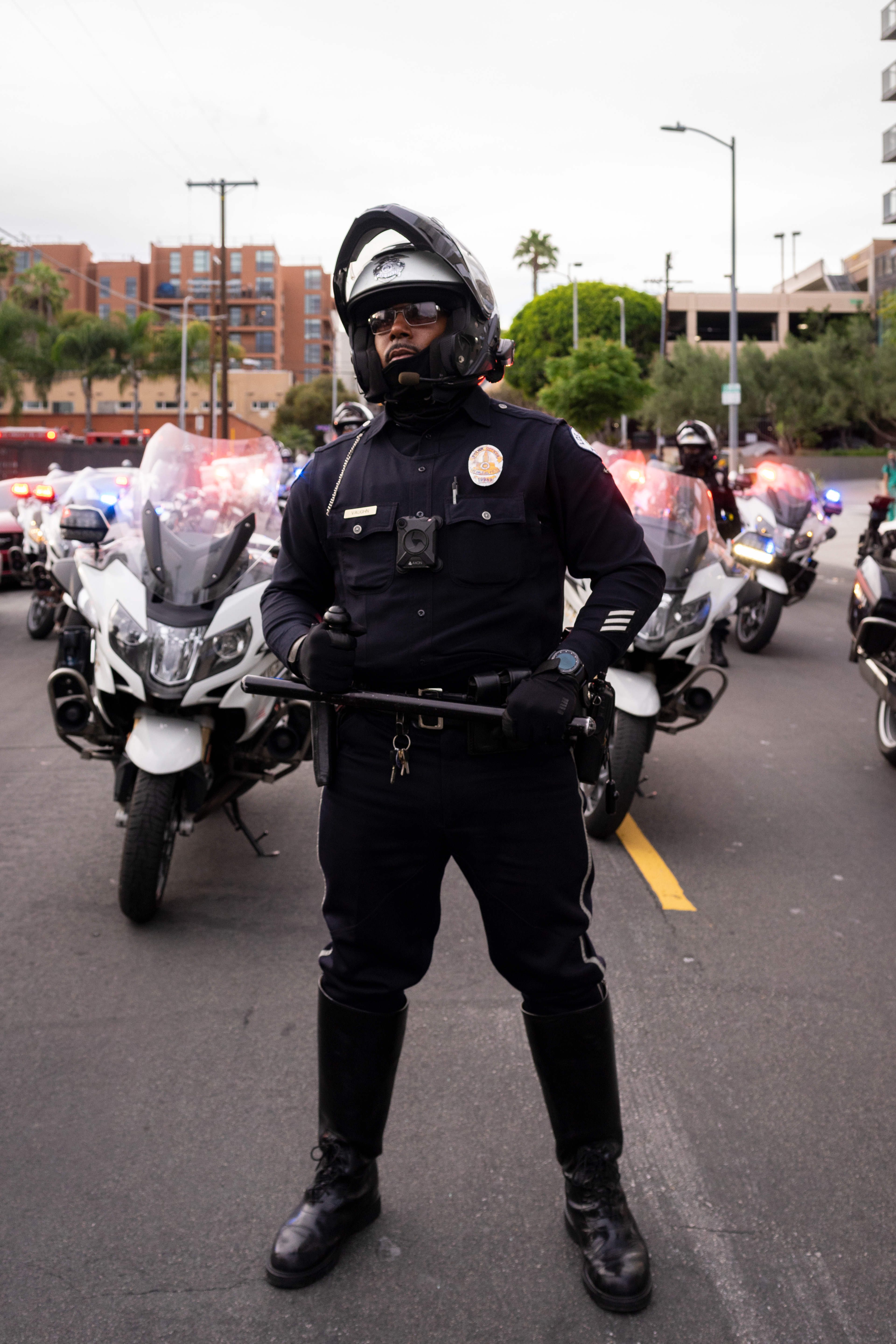 Sealed In: Hollywood - At the intersection of Sunset & Vine, LAPD officers attempt to drive back a small group of protestors. Eventually, the LAPD was successful in dispersing the crowd. Unfortunately, by that time the crowd had been sealed in as Motorcycle police and other units blocked side streets and made sweeping arrests. Angelinos took to the streets for a third day to protest continued police violence and murder in the wake of George Floyd's murder by Minnesota Police on May 25th. June 1, 2020-Los Angeles-Photo by Aaron Guy Leroux/ Sipa USA