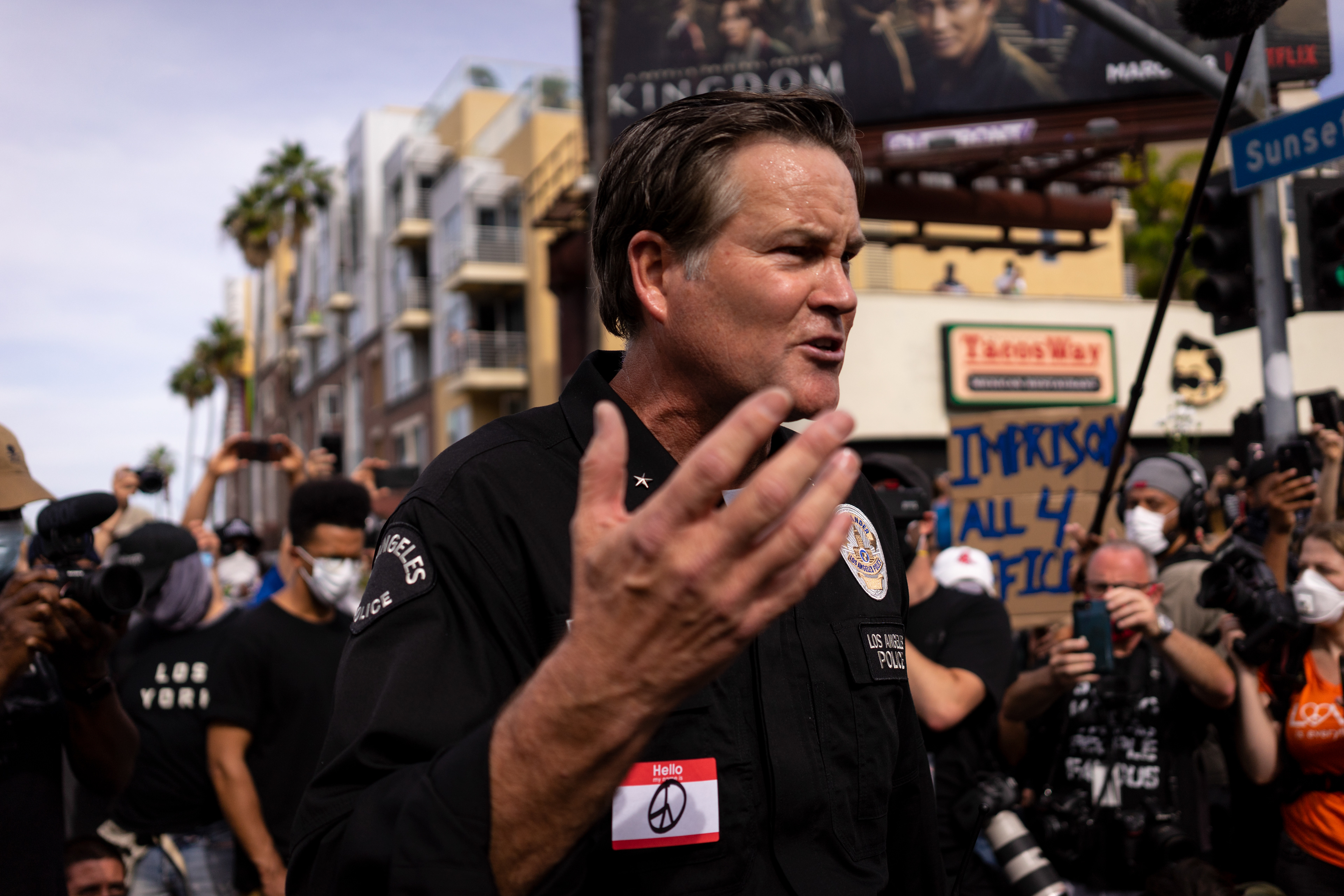 Cory Palka: Hollywood - LAPD Commander Cory Palka gives an impassioned speech to a group of BLM protestors. Angelinos took to the streets for a third day to protest continued police violence and murder in the wake of George Floyd's murder by Minnesota Police on May 25th. June 1, 2020-Los Angeles-Photo by Aaron Guy Leroux/ Sipa USA