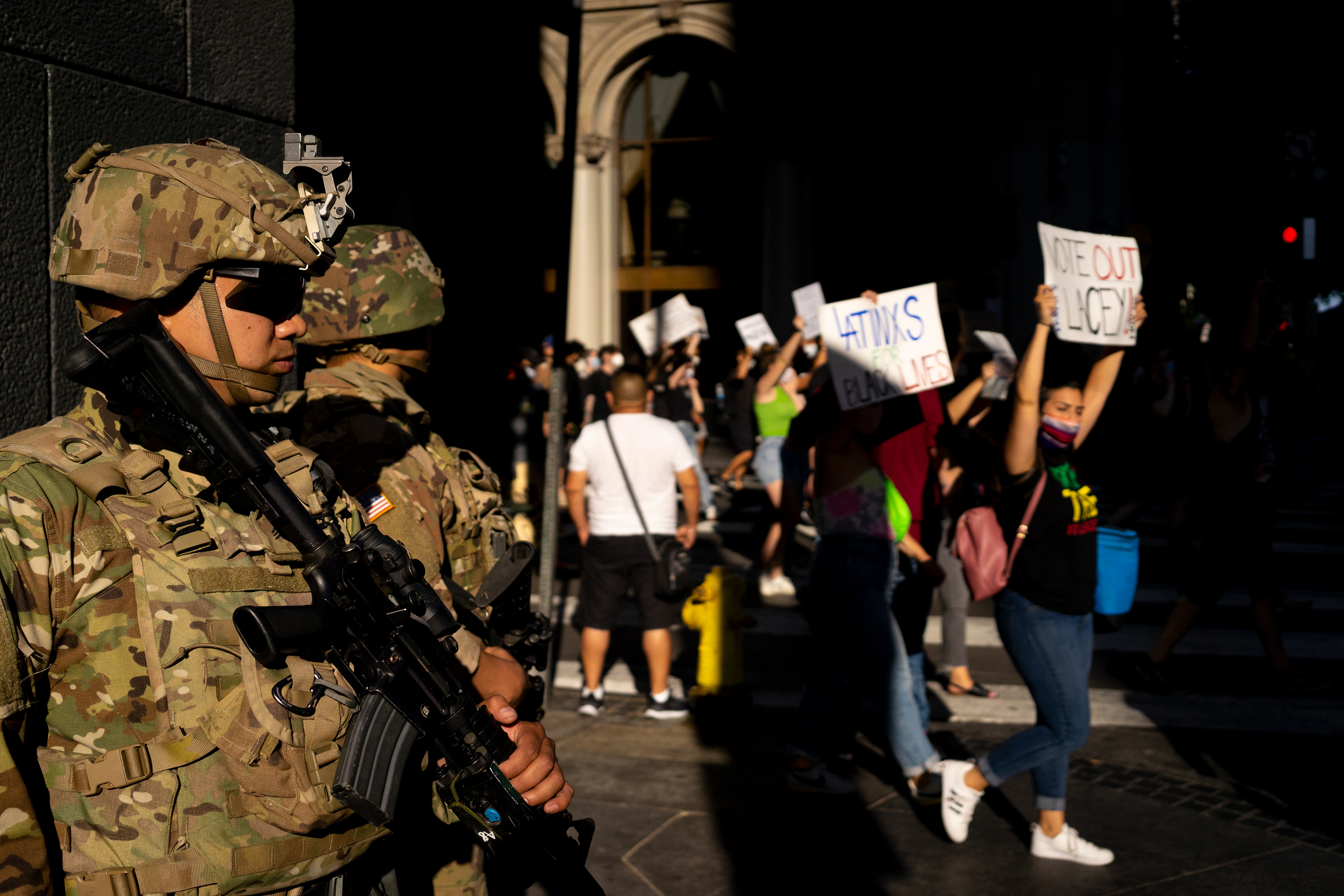 The Guard: Downtown, Los Angeles - The National Guard was on the scene today, but was deployed with a noticeably light touch. Many small groups of two, and a few or four or five. The effect was oddly reassuring. All the guardsmen and women were pleasant and seemed in good spirits when interacting with protestors. Citizens participate in a peaceful Black Lives Matter protest on the fifth day of demonstrations against continued police violence and murder in the wake of George Floyd's murder by Minnesota Police. June 3, 2020-Los Angeles-Photo by Aaron Guy Leroux/ Sipa USA