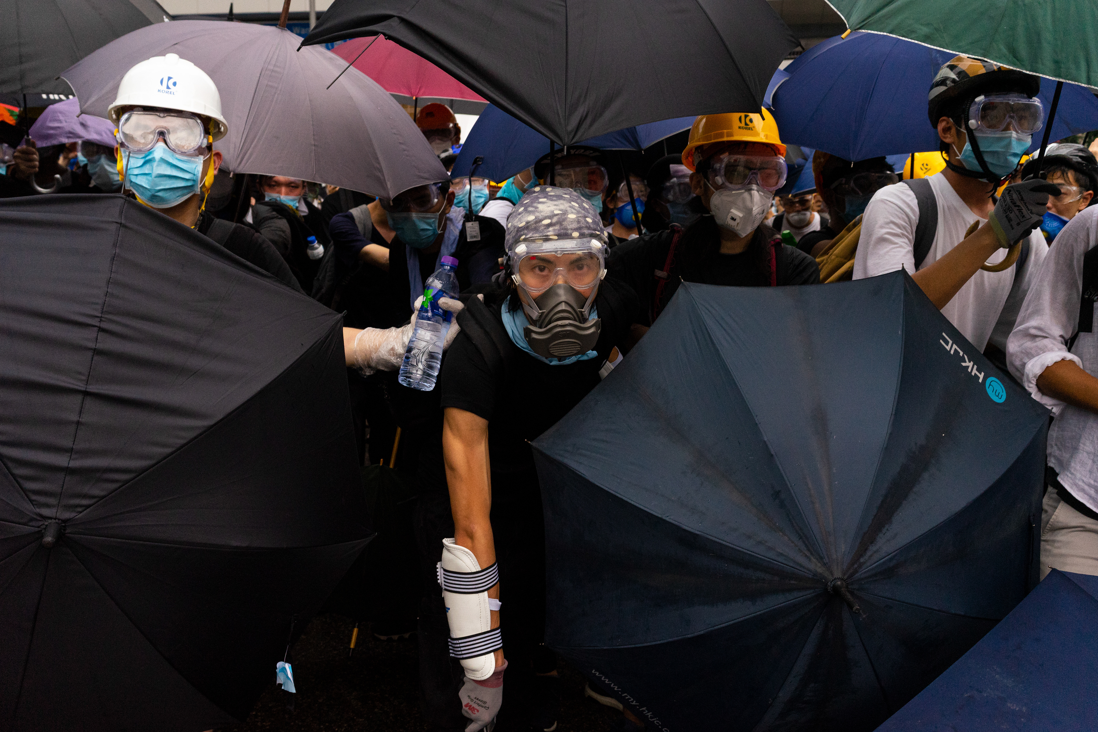 Protesters at the ready, moments before another outbreak of violence. Protestors in Hong Kong take to the streets again. This time to fight a new proposed law, that would allow for Hong Kongers arrested in the city to be extradited to China. June 12, 2019 - Hong Kong