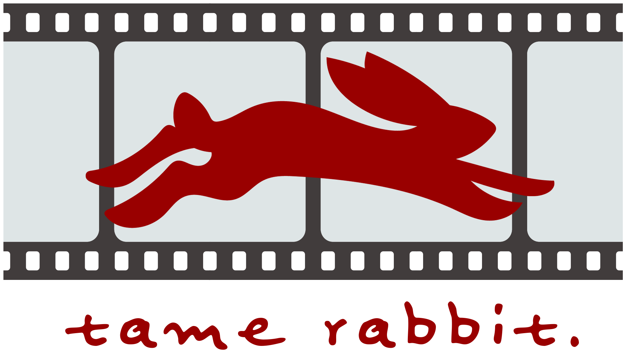 tame rabbit logo red rabbit in front of film strip with the words tame rabbit below in red handwritten font