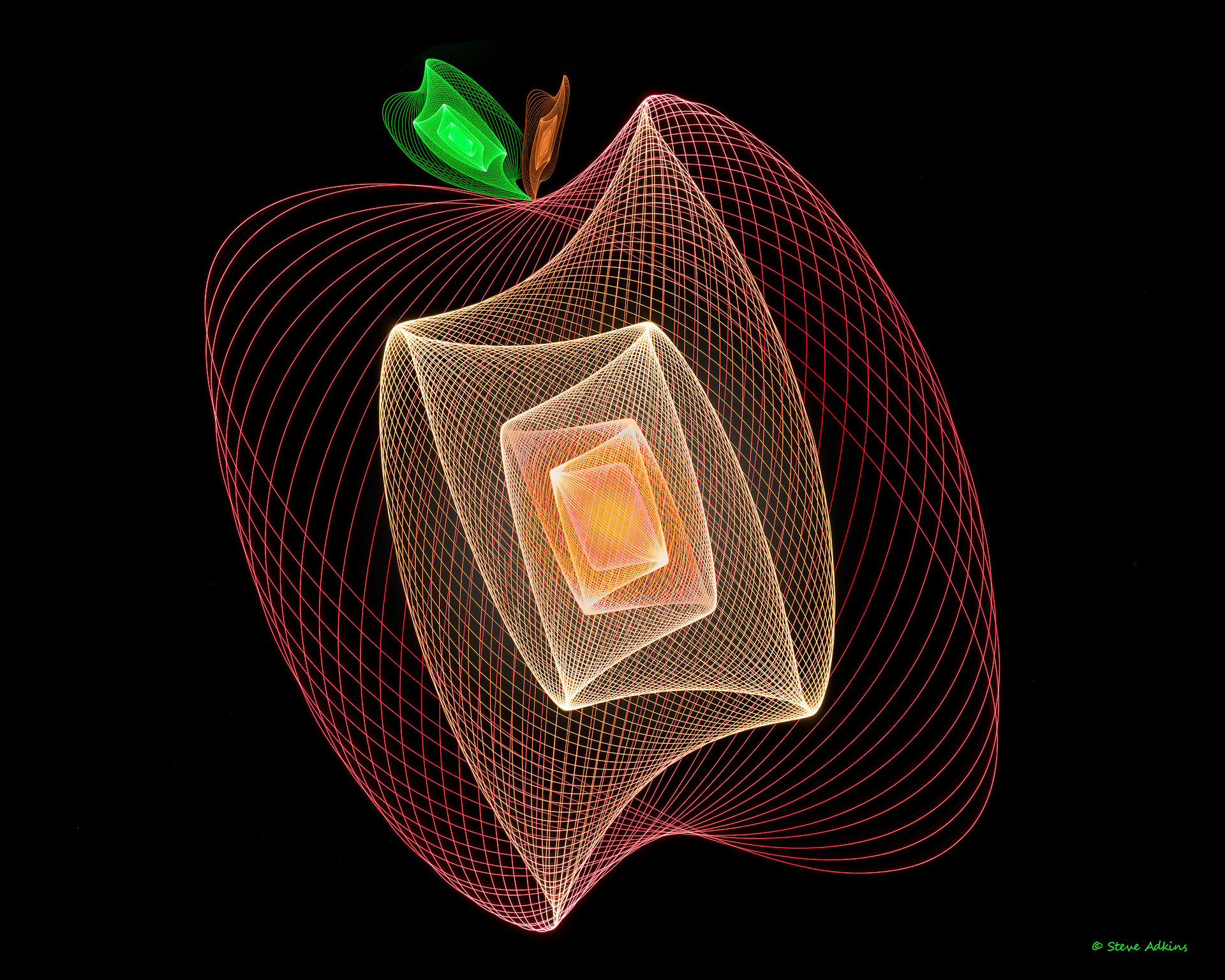 Created with images of physiograms. A long exposeure of the path of a swinging light.