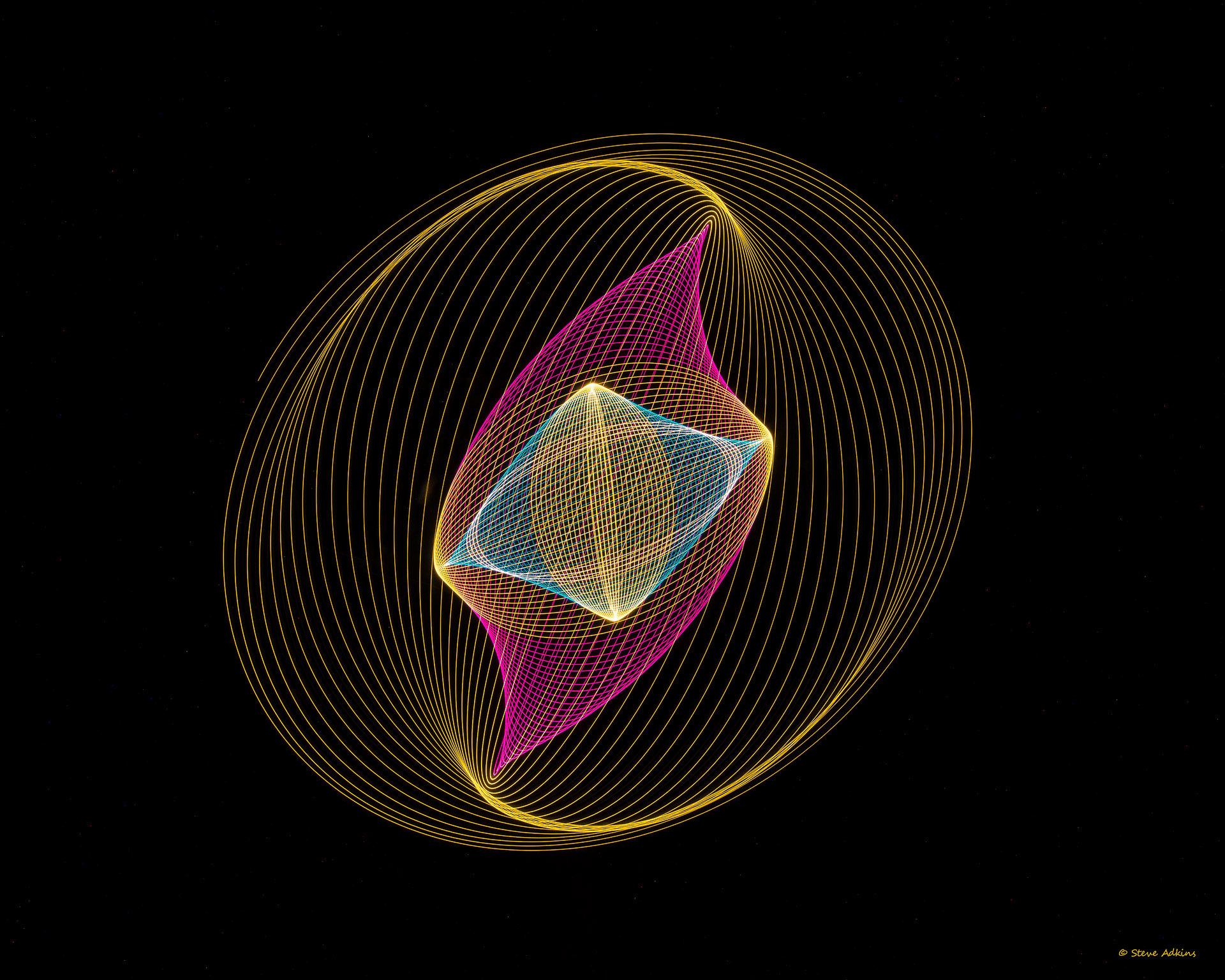 Created with images of physiograms. A long exposeure of the path of a swinging light.