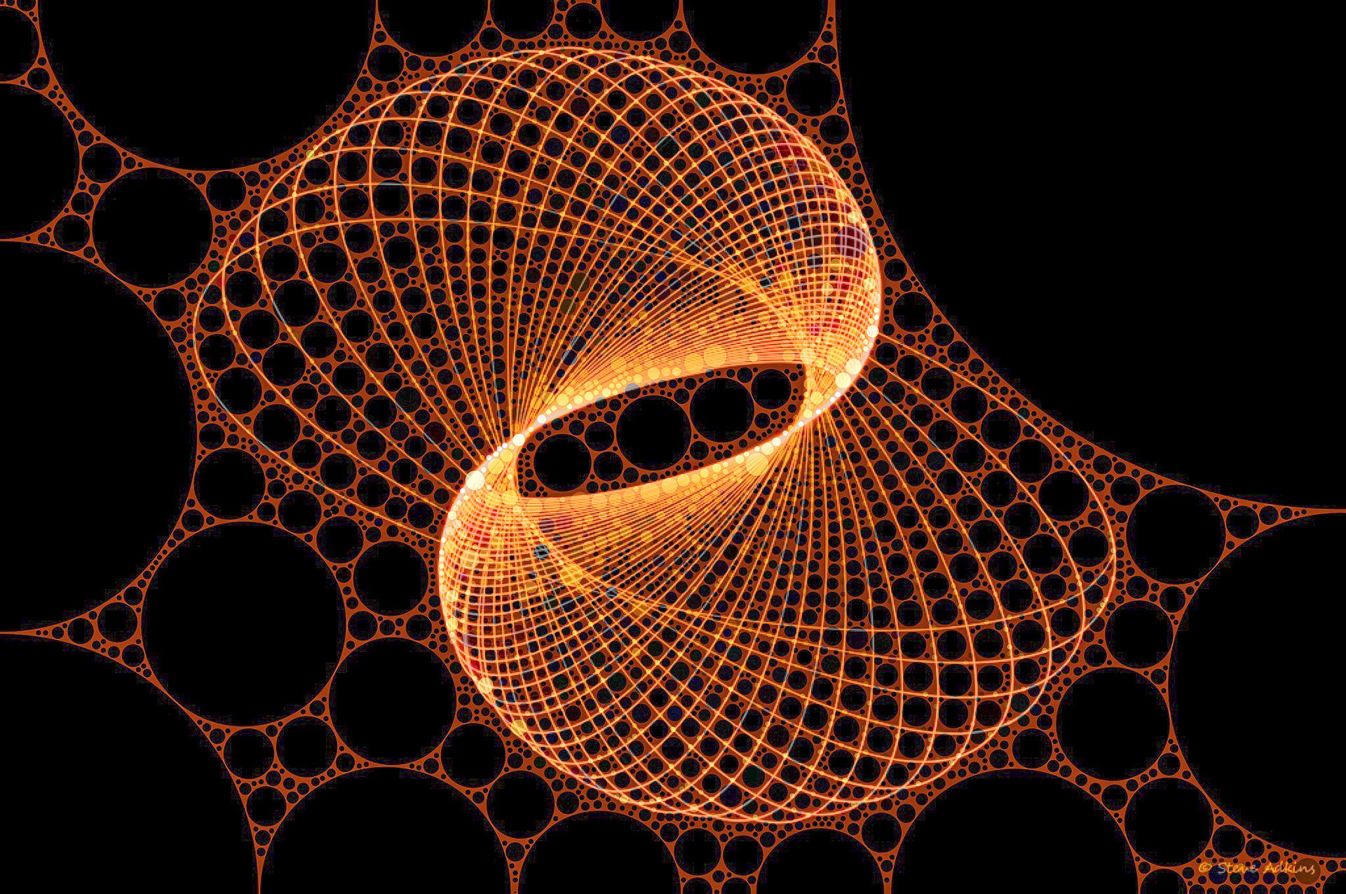 Created with images of physiograms. A long exposeure of the path of a swinging light.