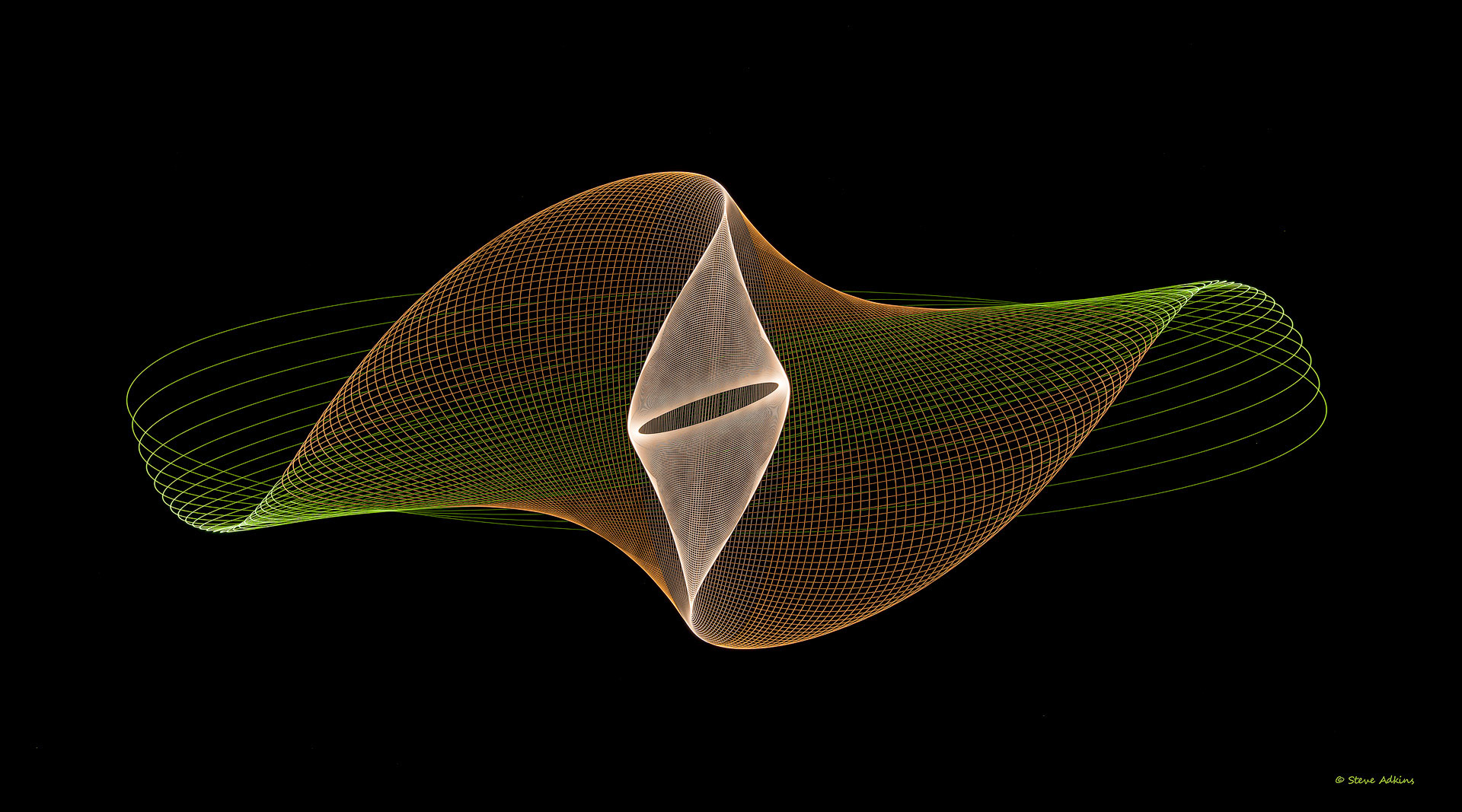 Created with images of physiograms. A long exposeure of the path of a swinging light.