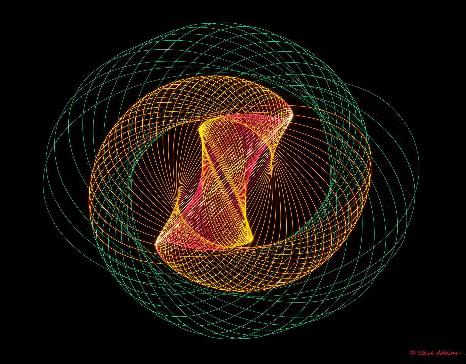 Created with images of physiograms. A long exposeure of the path of a swinging light.