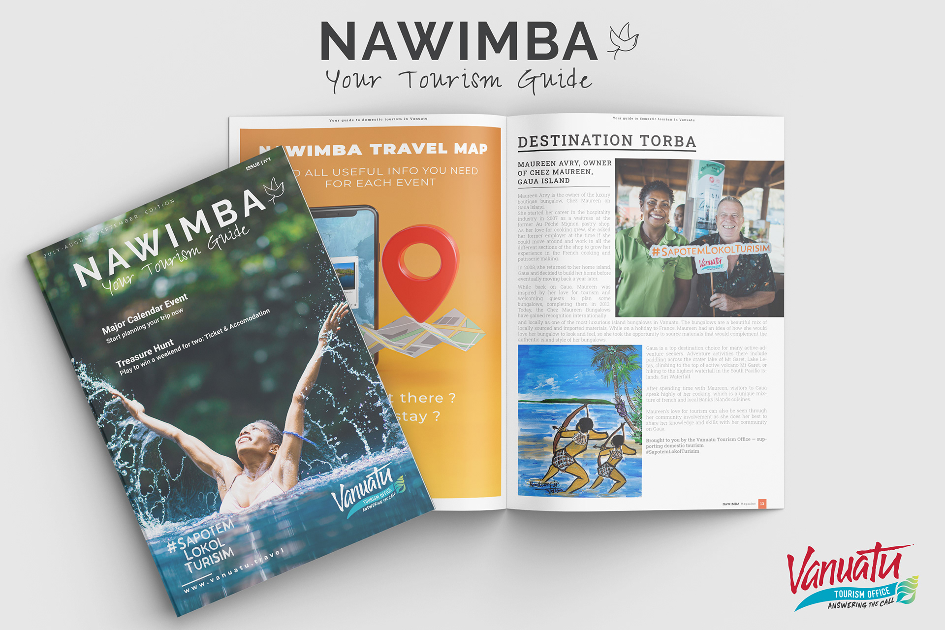 Full magazine design for the VTO's local tourism guide called Nawimba - Edition n°1