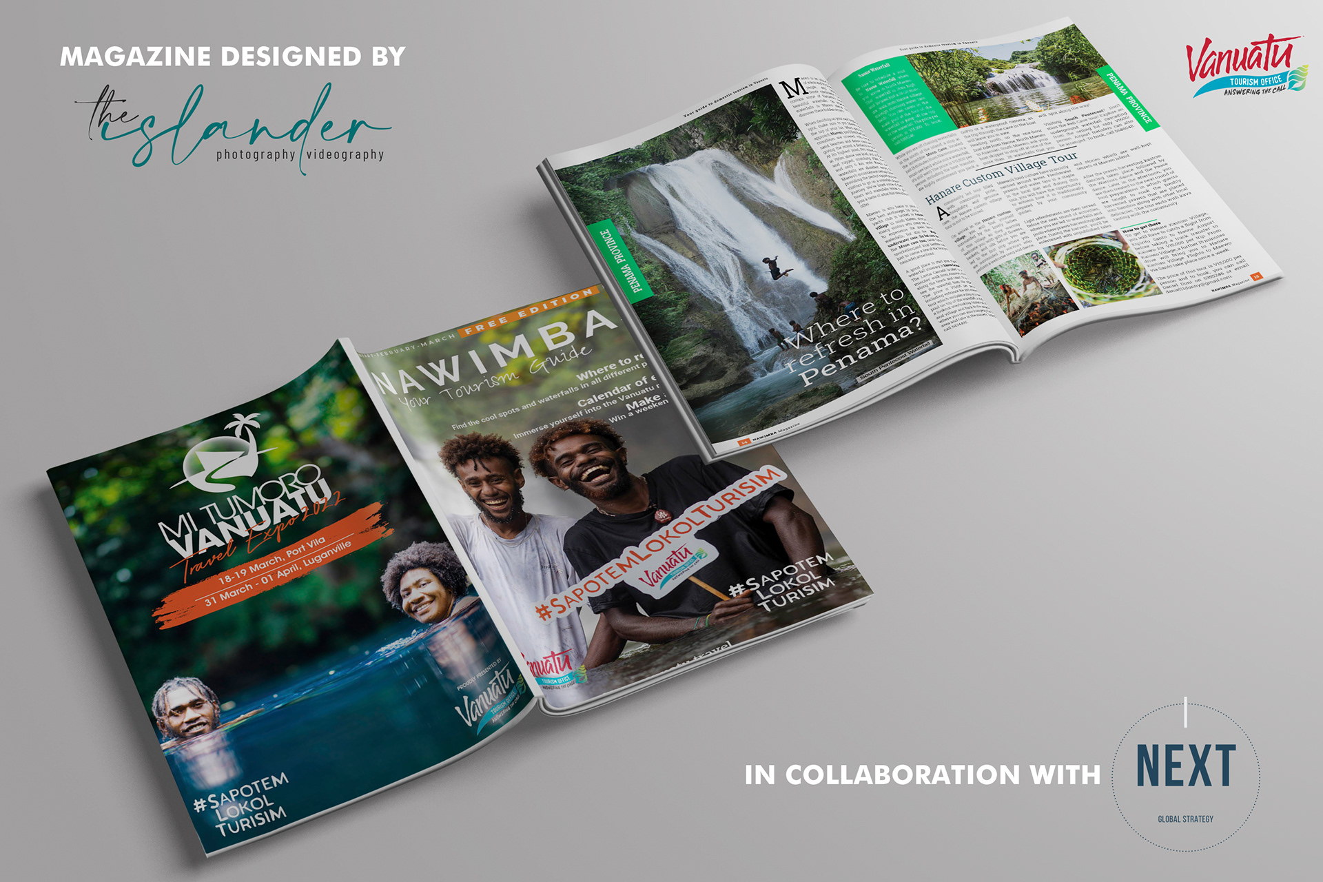 Full magazine design for the VTO's local tourism guide called Nawimba - Edition n°3
