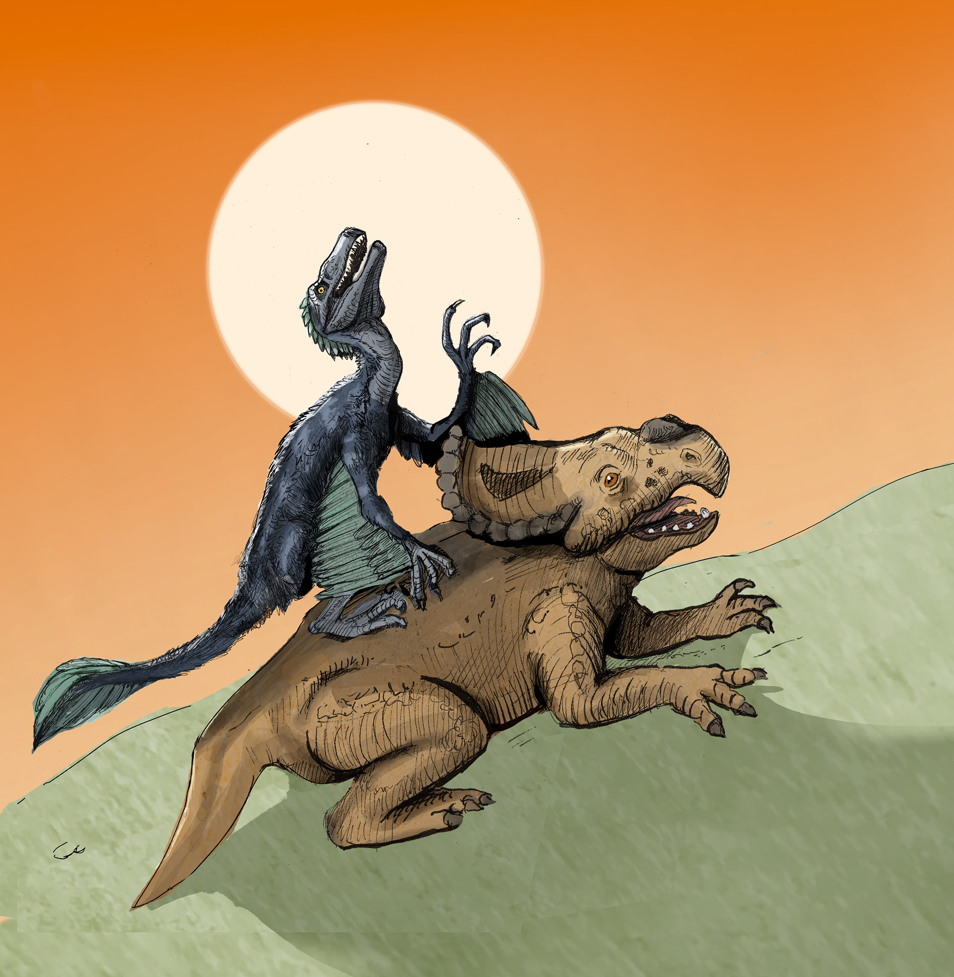 A velociraptor battling a protoceratops, based on a fossil discovery in Mongolia.
