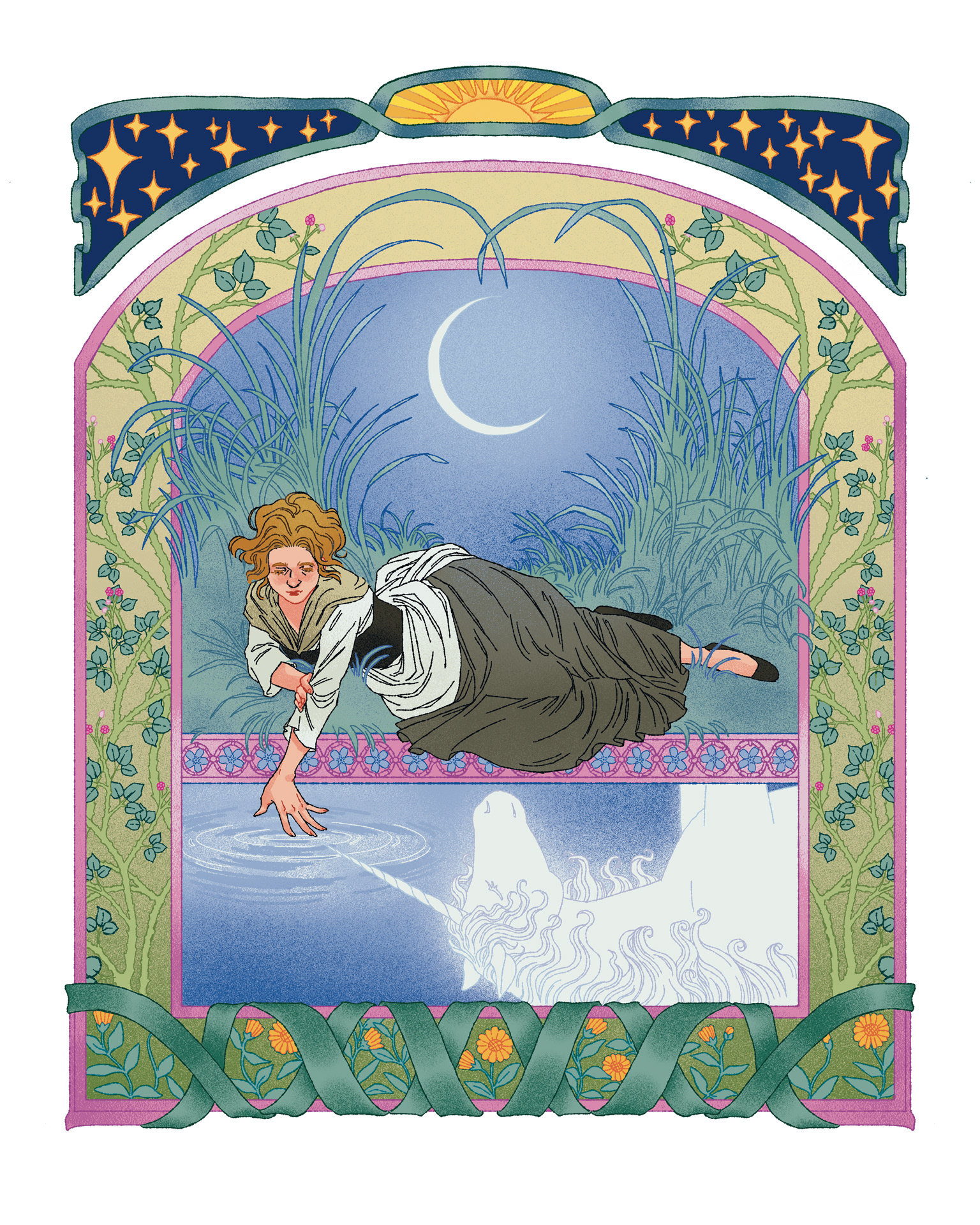 Illustration of the Last Unicorn movie, referencing medieval illustrations.
