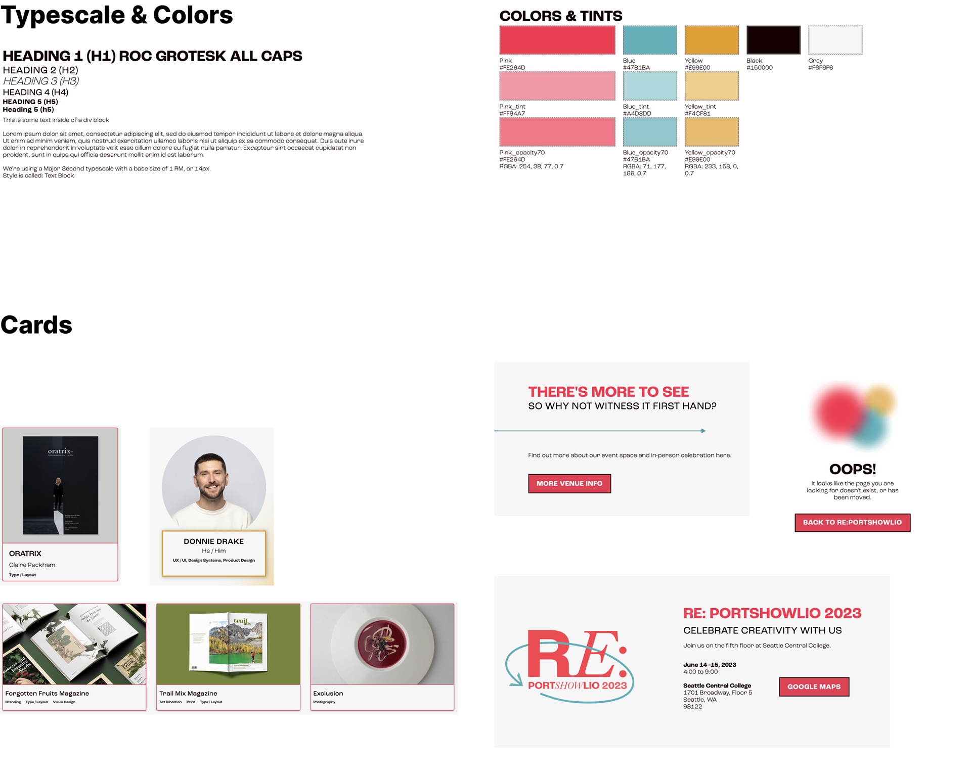 Collection of design elements like type scale and colors which build up into repeatable cards for designing the website