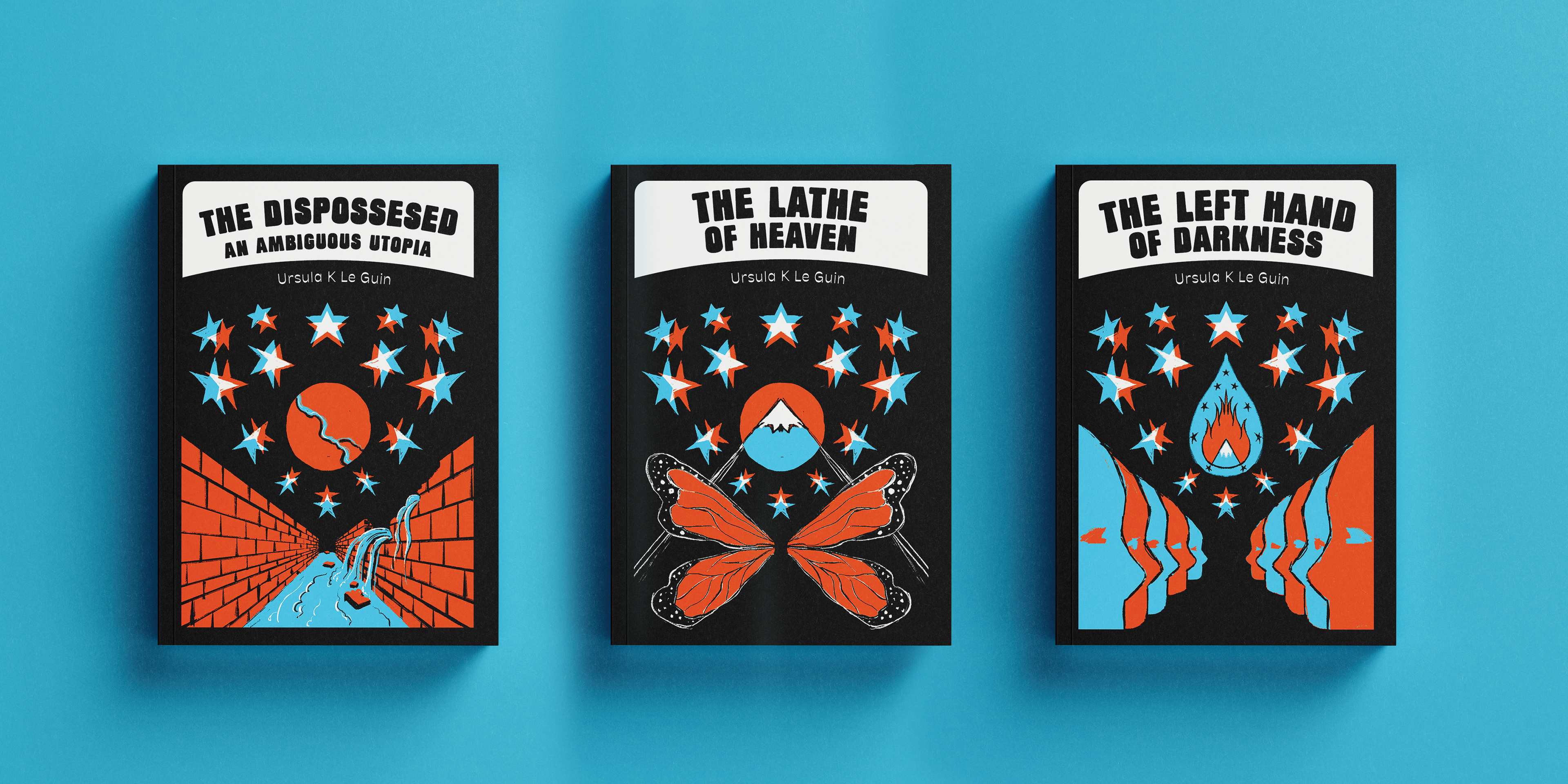 The Disspossessed, The Lathe of Heaven and The Left Hand of Darkness by Urusla K Le Guin d in a cohesive style laying on a table
