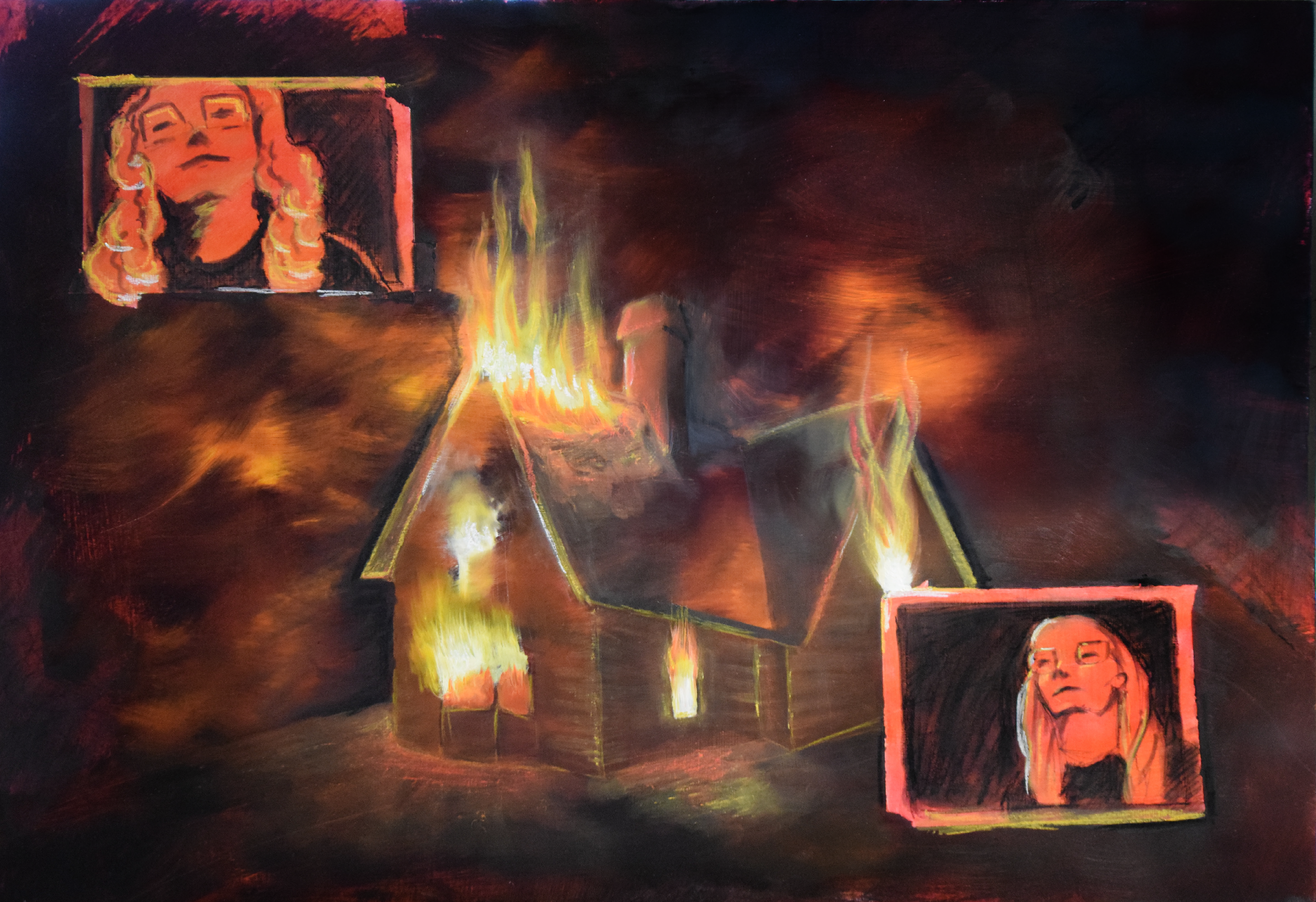 A House on Fire, Oil and Pastel on Hardboard, 18" x 24"