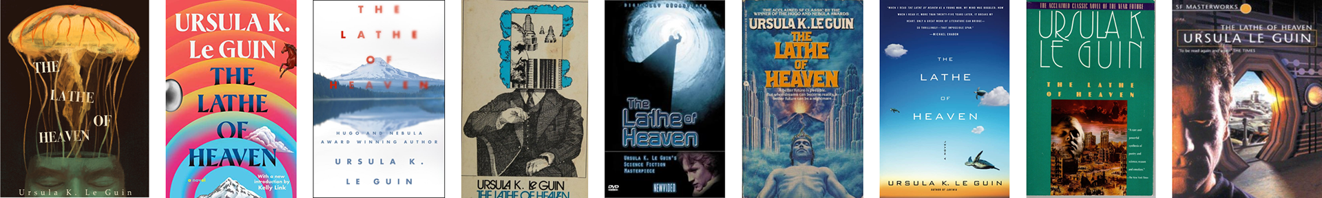 Examples of many book cover designs for Ursula K Le Guin's books over the last 60 years