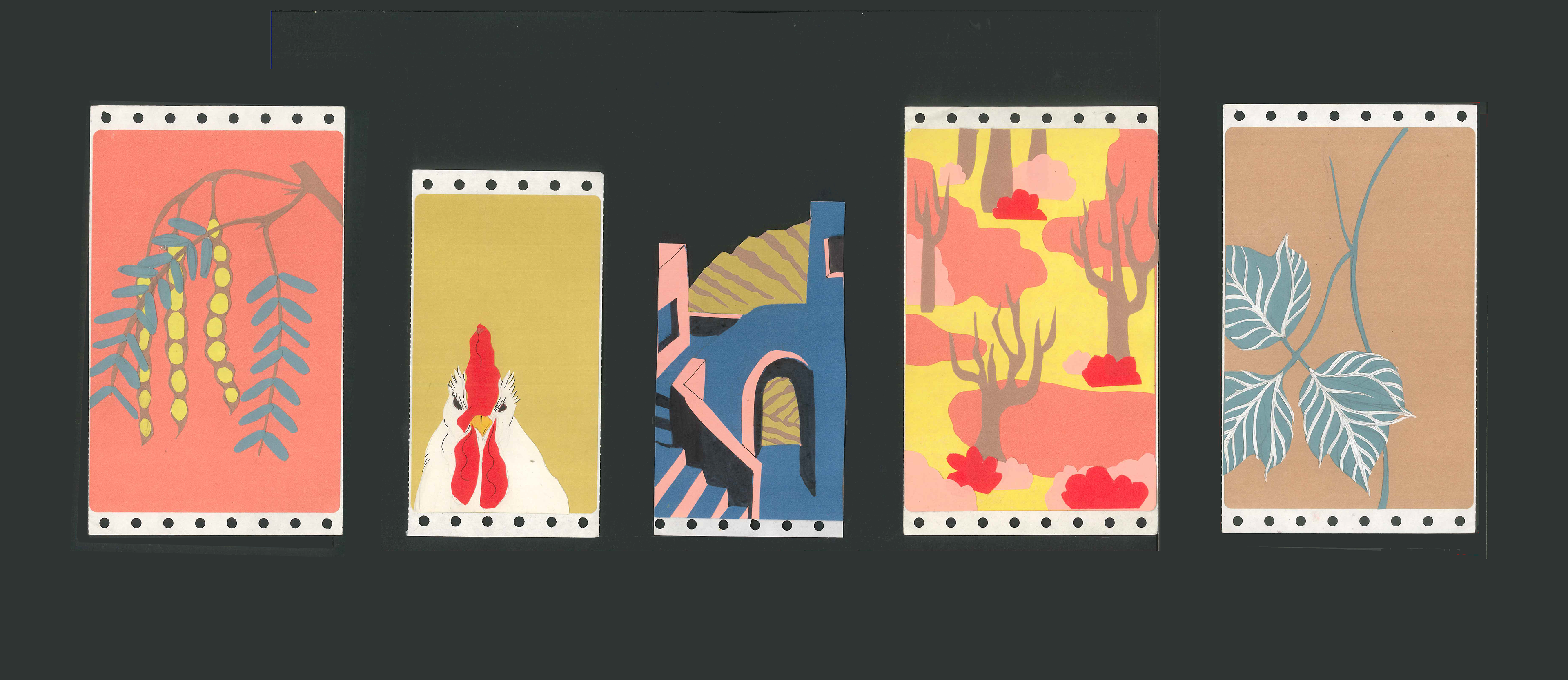 From left to right: Mesquite, Chickens, Terracing, Logging, Kudzu, Mixed Media Collage, 5" x 7"