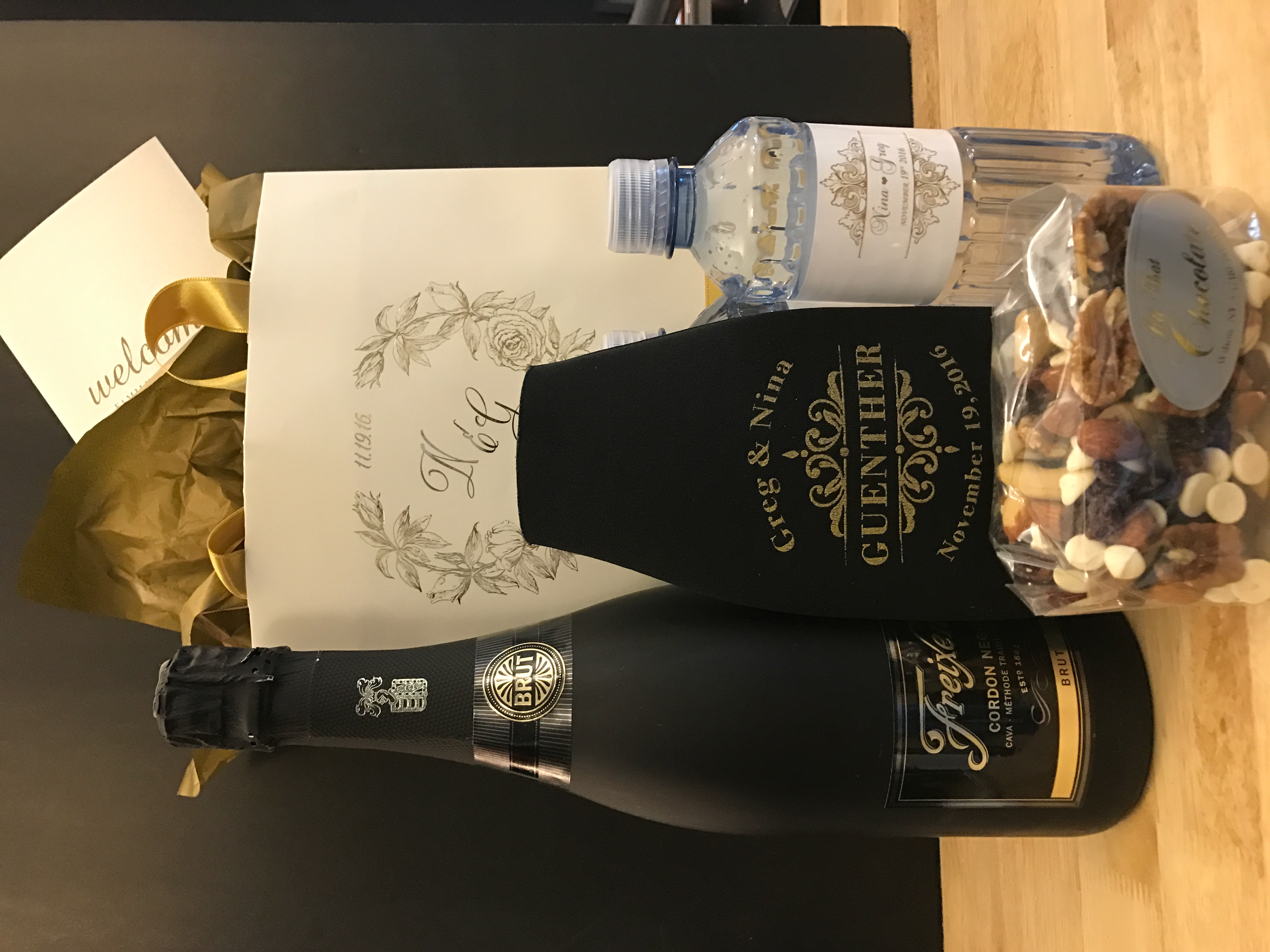 Event Swag: bottle cookie, water bottle label, custom gift bags