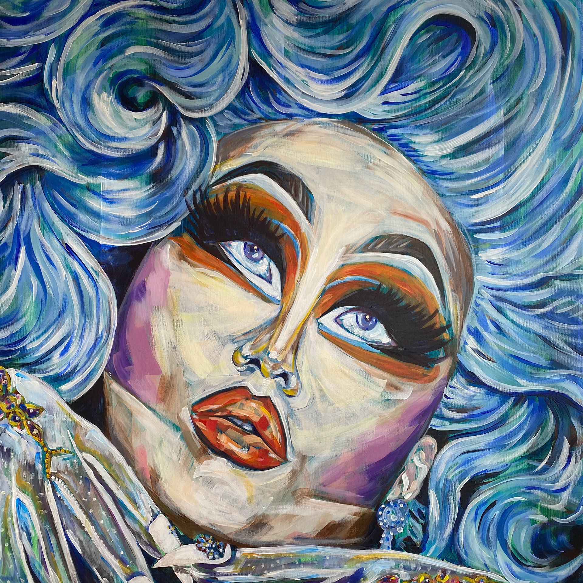 Kim Chi 30"x30" acrylic & Swarovski crystals on canvas