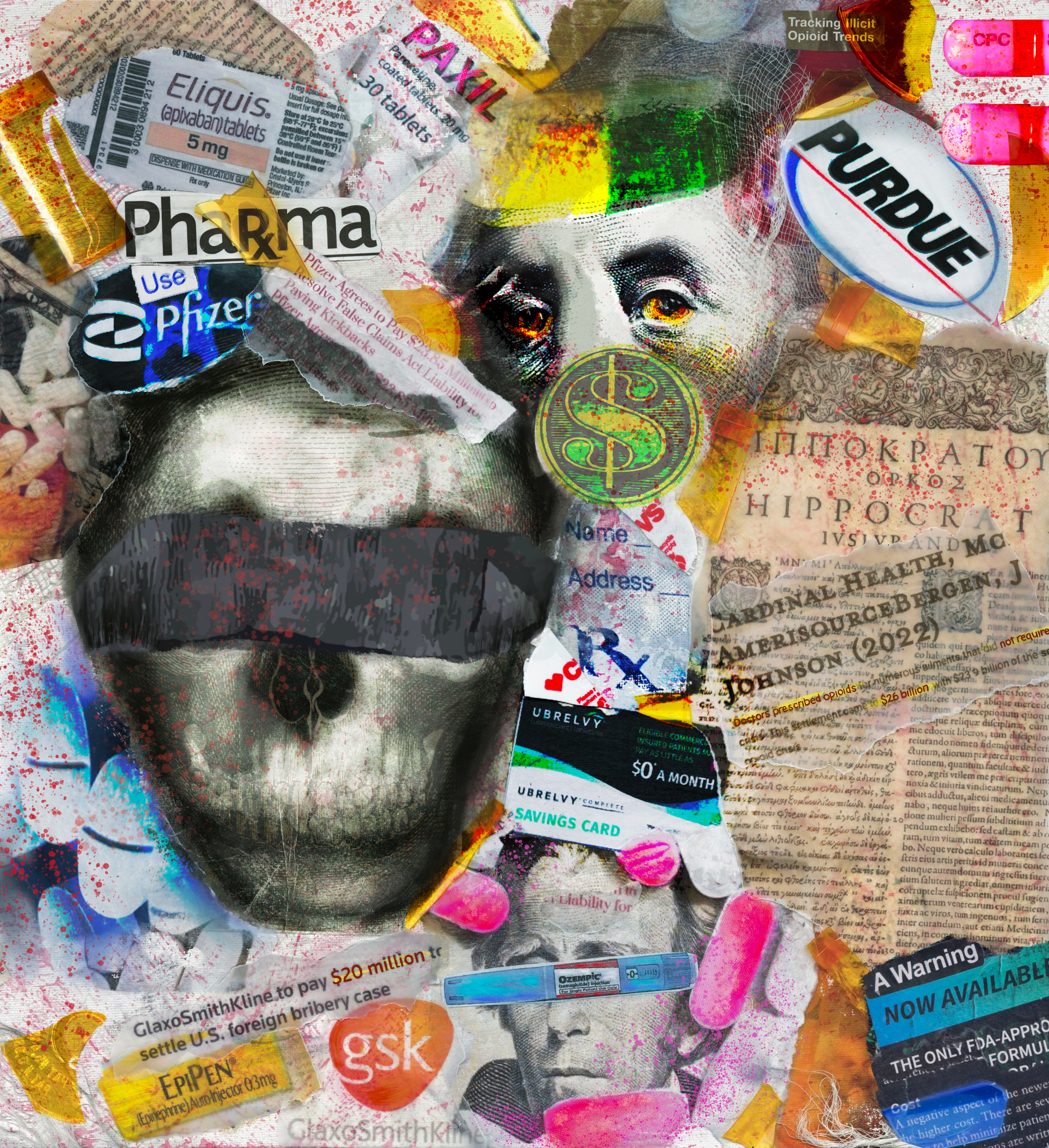 mixed media collage (tablets, capsules, amber vials, newspaper, gauze, photoshop)