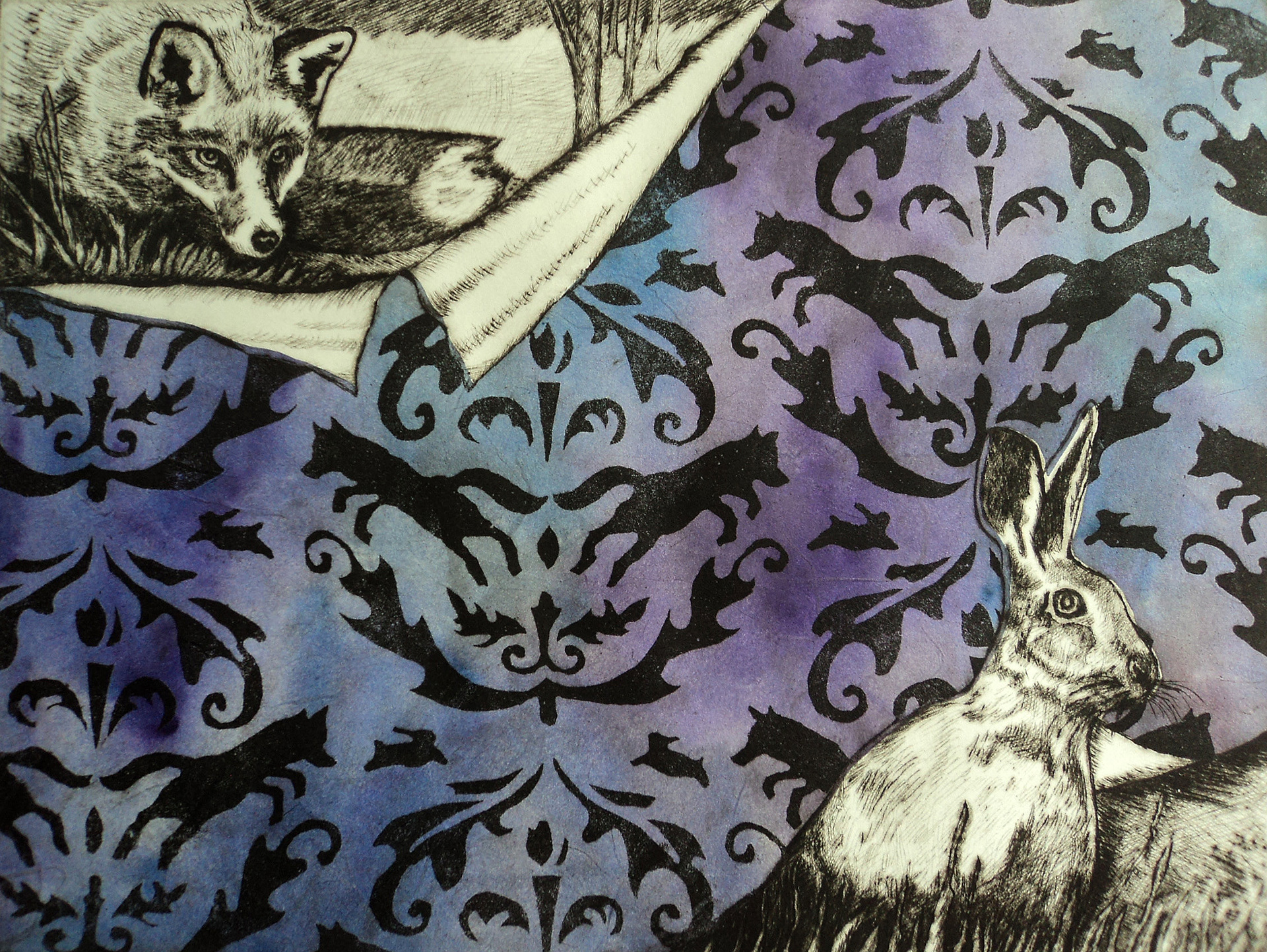 The Chase with chine collé of handpainted paper background