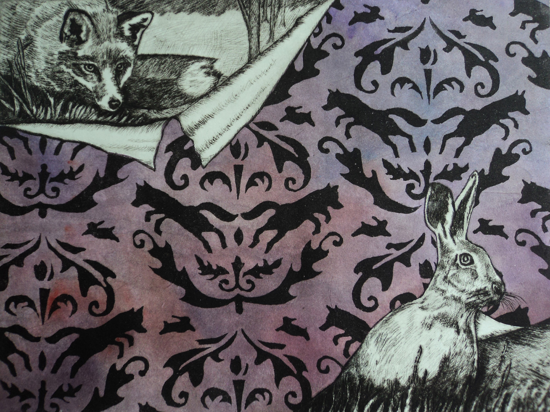 The Chase with chine collé of handpainted paper background