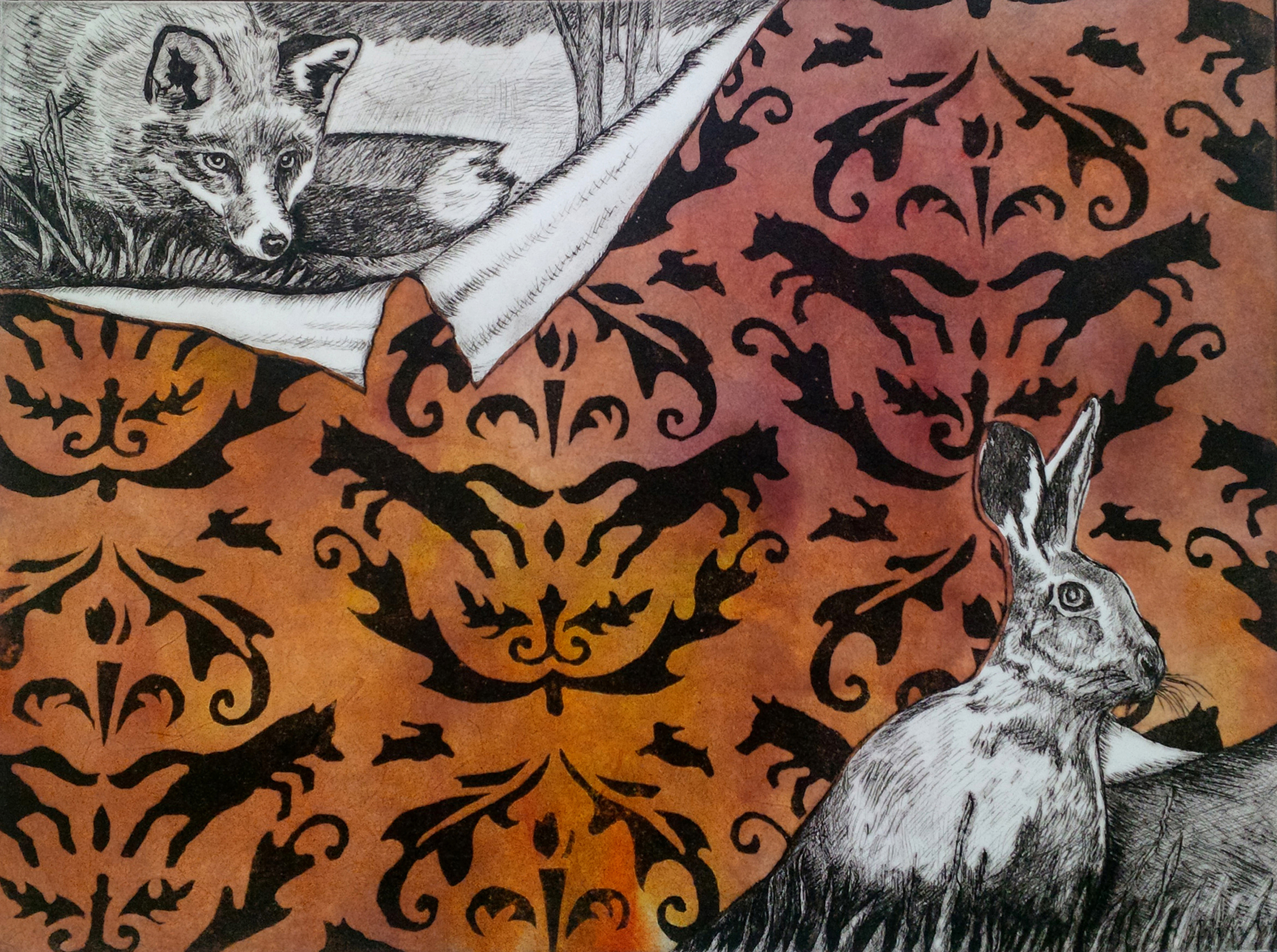 The Chase with chine collé of handpainted paper background