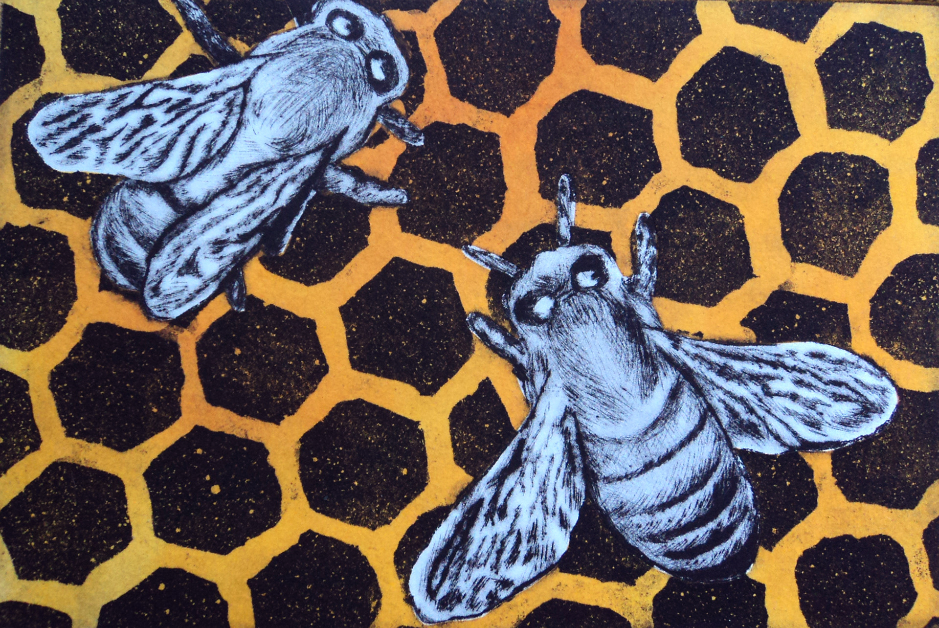 Bees with chine collé of handpainted paper background