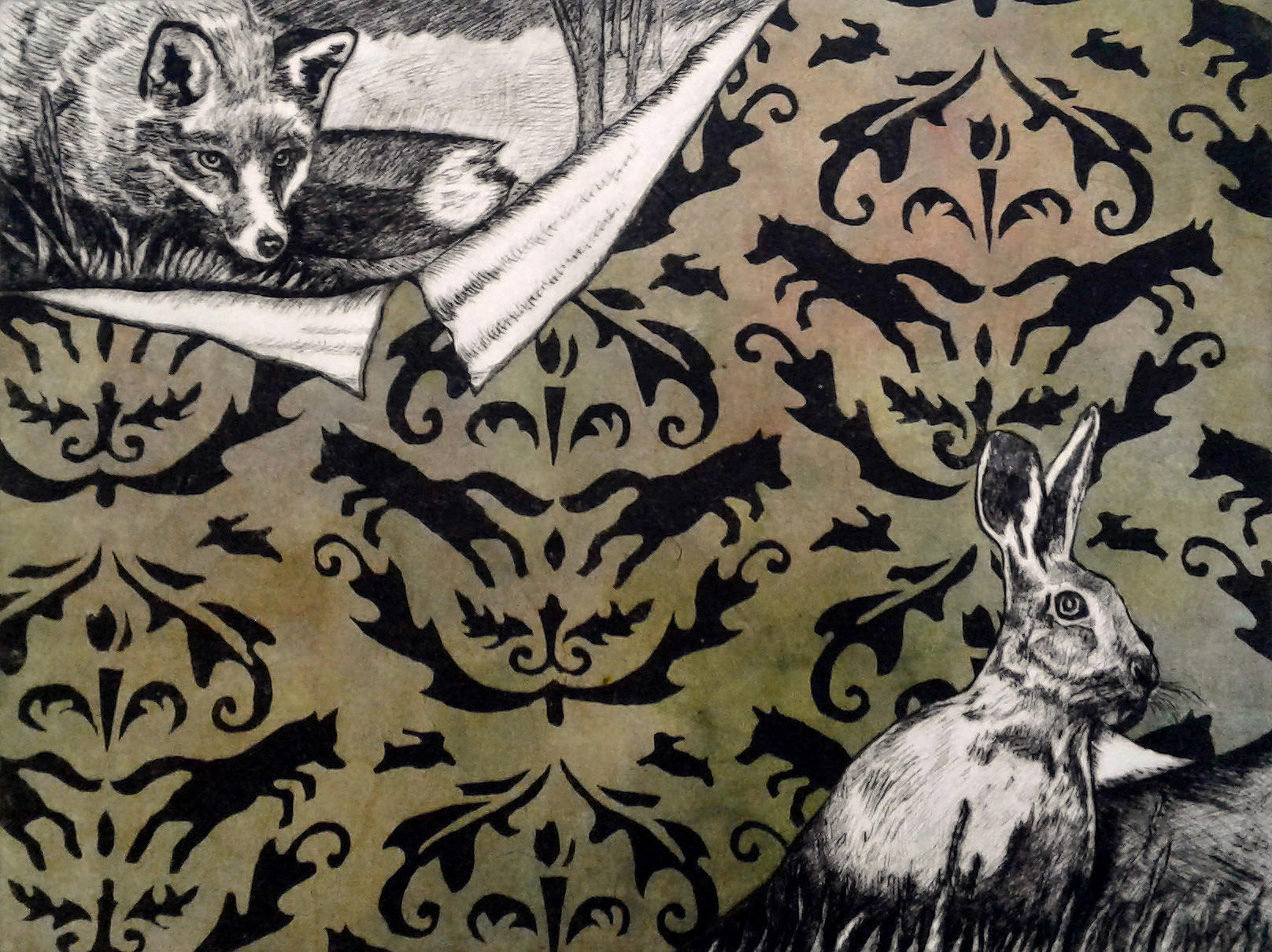 The Chase with chine collé of handpainted paper background