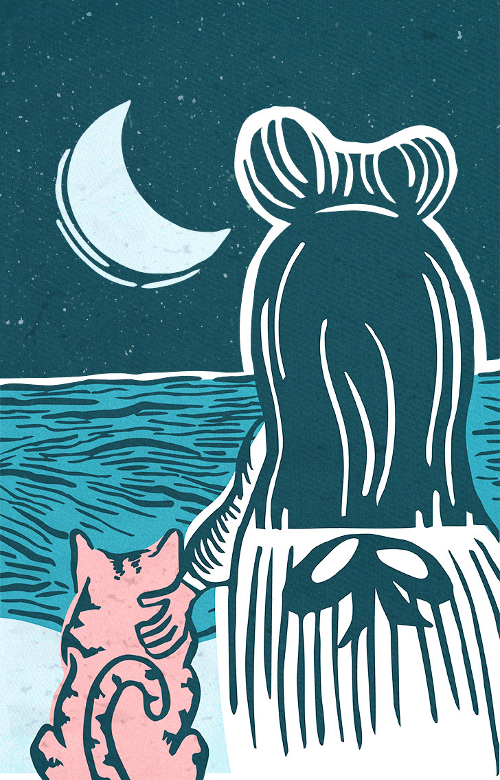 Graphic: a linocut-style illustration of a woman and her cat looking out at the night sea