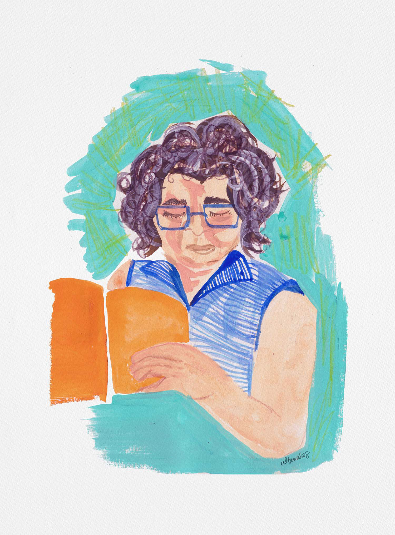 Graphic: a mixed-media illustration of an older woman reading a book