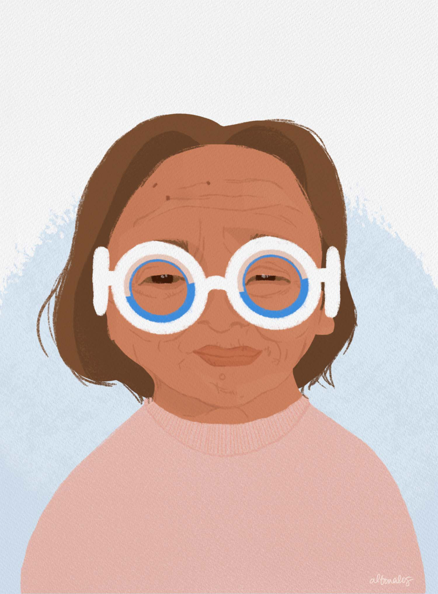 Graphic: a digital illustration of an older woman wearing special motion sickness goggles