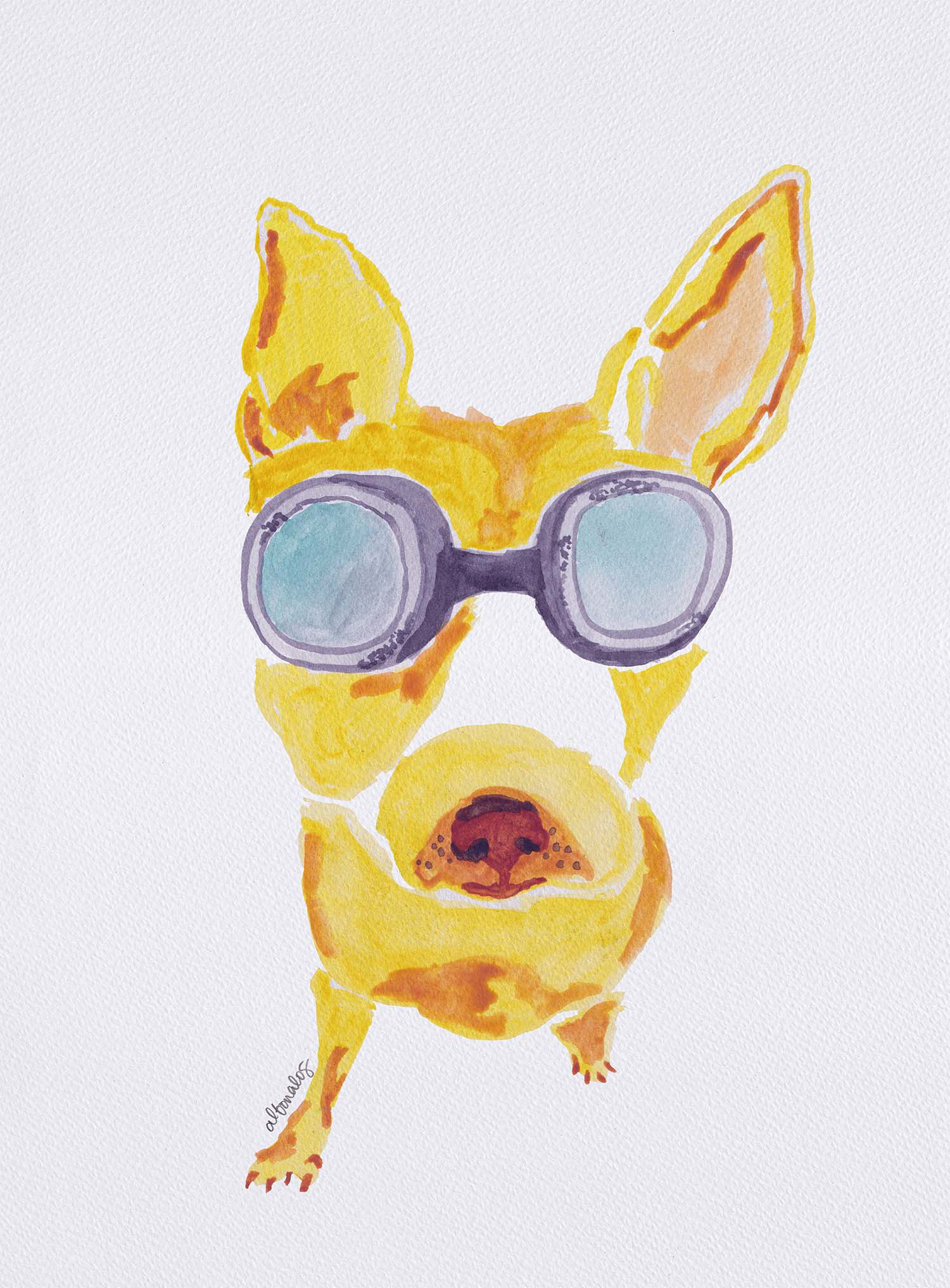 Graphic: an impressionistic watercolor painting of a pitbull wearing goggles