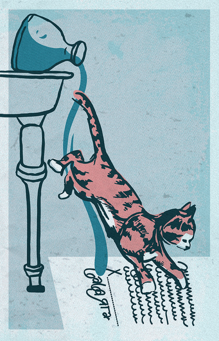 Graphic: An illustration of a cat jumping off a table, spilling a jar of ink onto the floor. The cat lands on a contract signed by Baba Yaga.