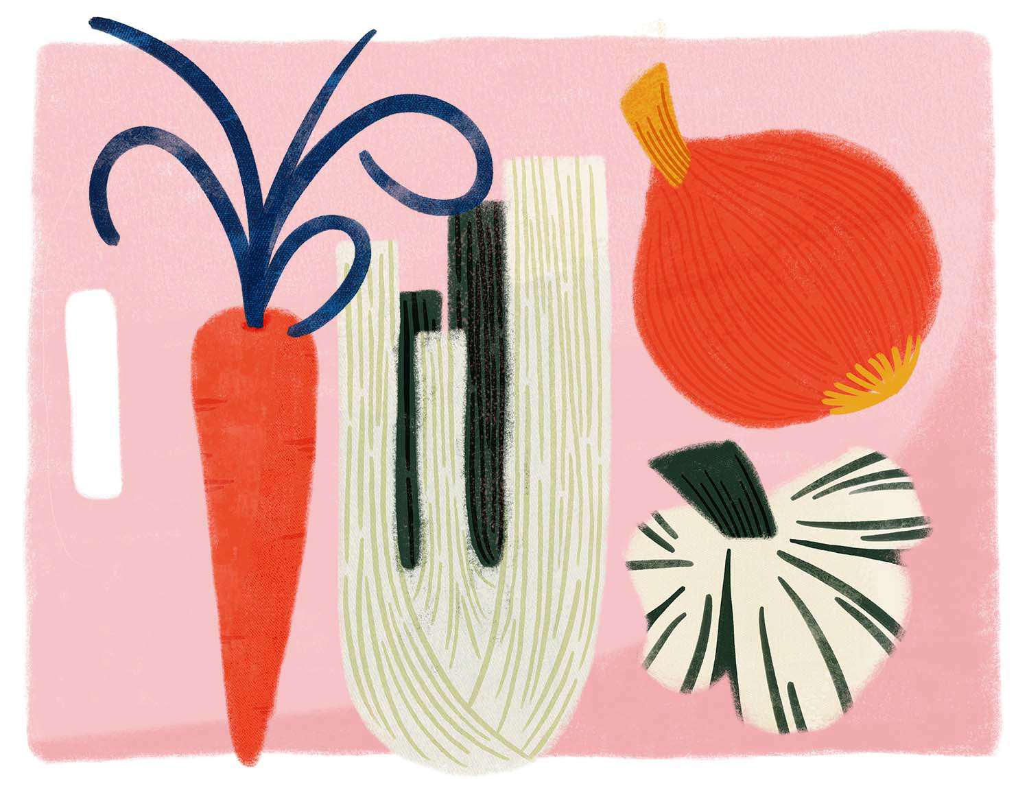Graphic: an illustration of pancit vegetable ingredients, including a carrot, celery, onion and garlic