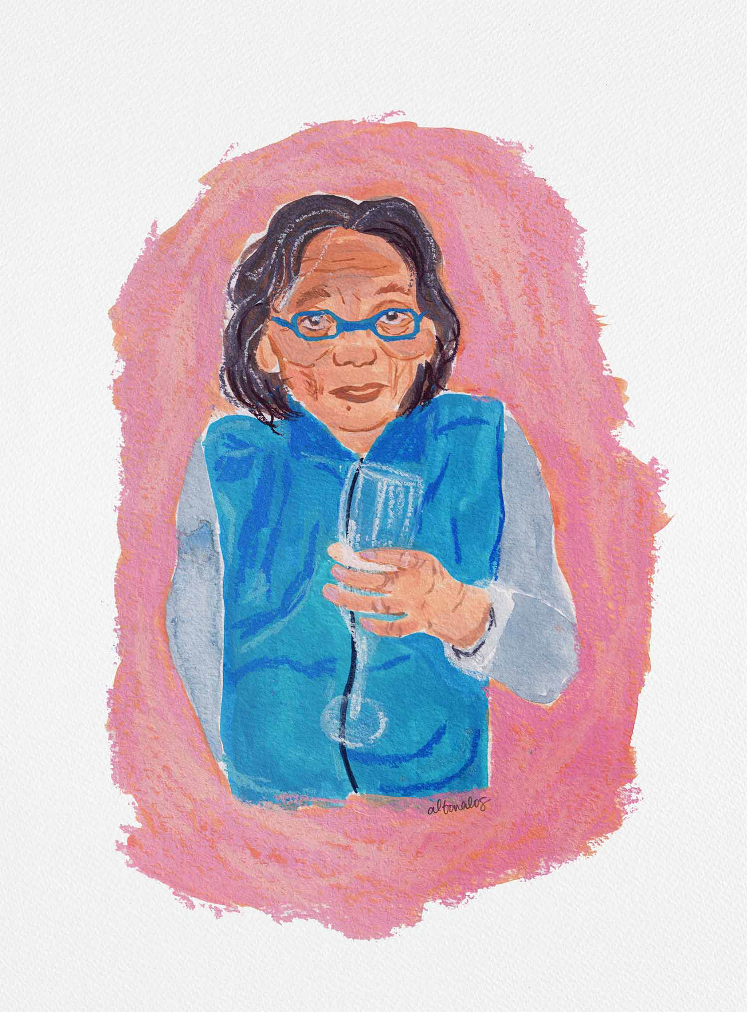 Graphic: a mixed-media illustration of an older woman raising a champagne flute in celebration