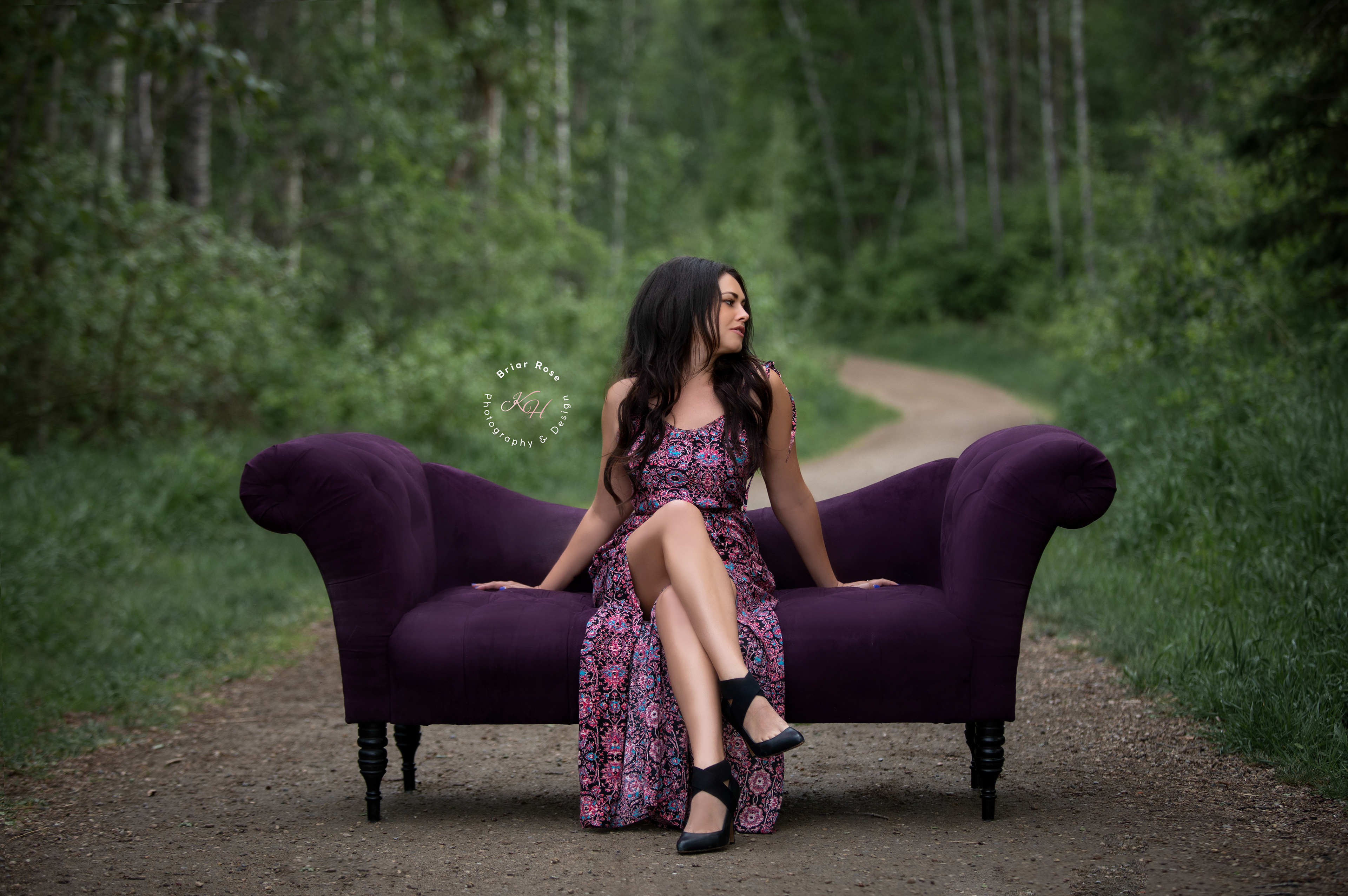 model on a couch outside