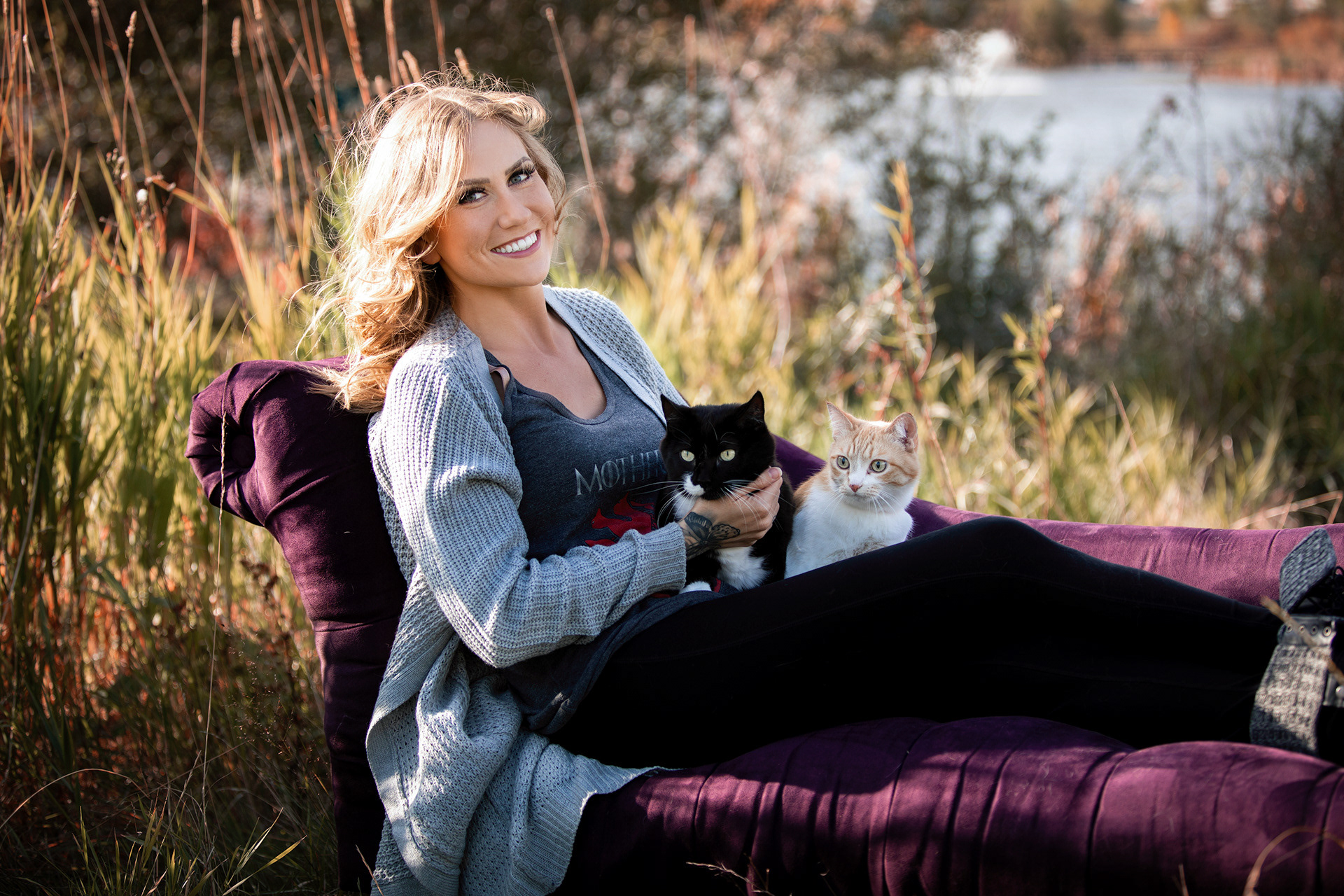a girl outside with her cats in edmonton