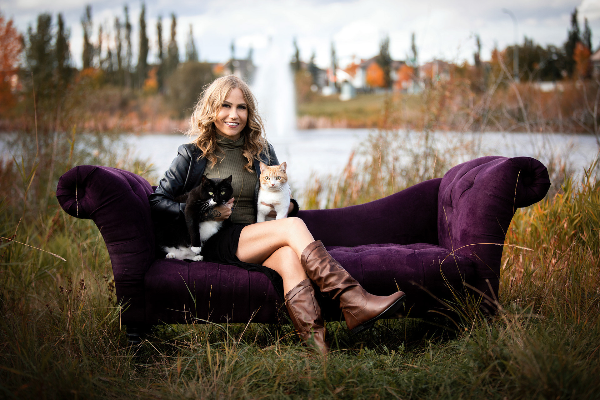 a girl outside with her cats in edmonton