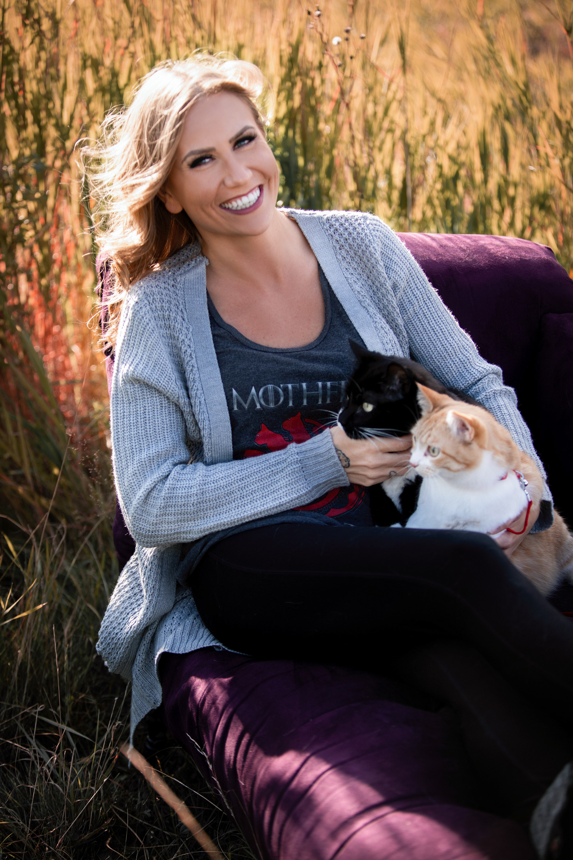 a girl outside with her cats in edmonton