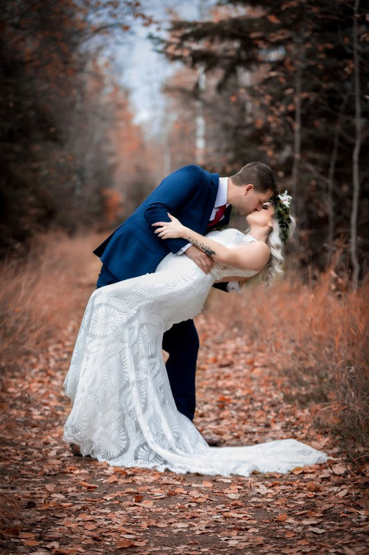 Bride and groom in the fall in Edmonton