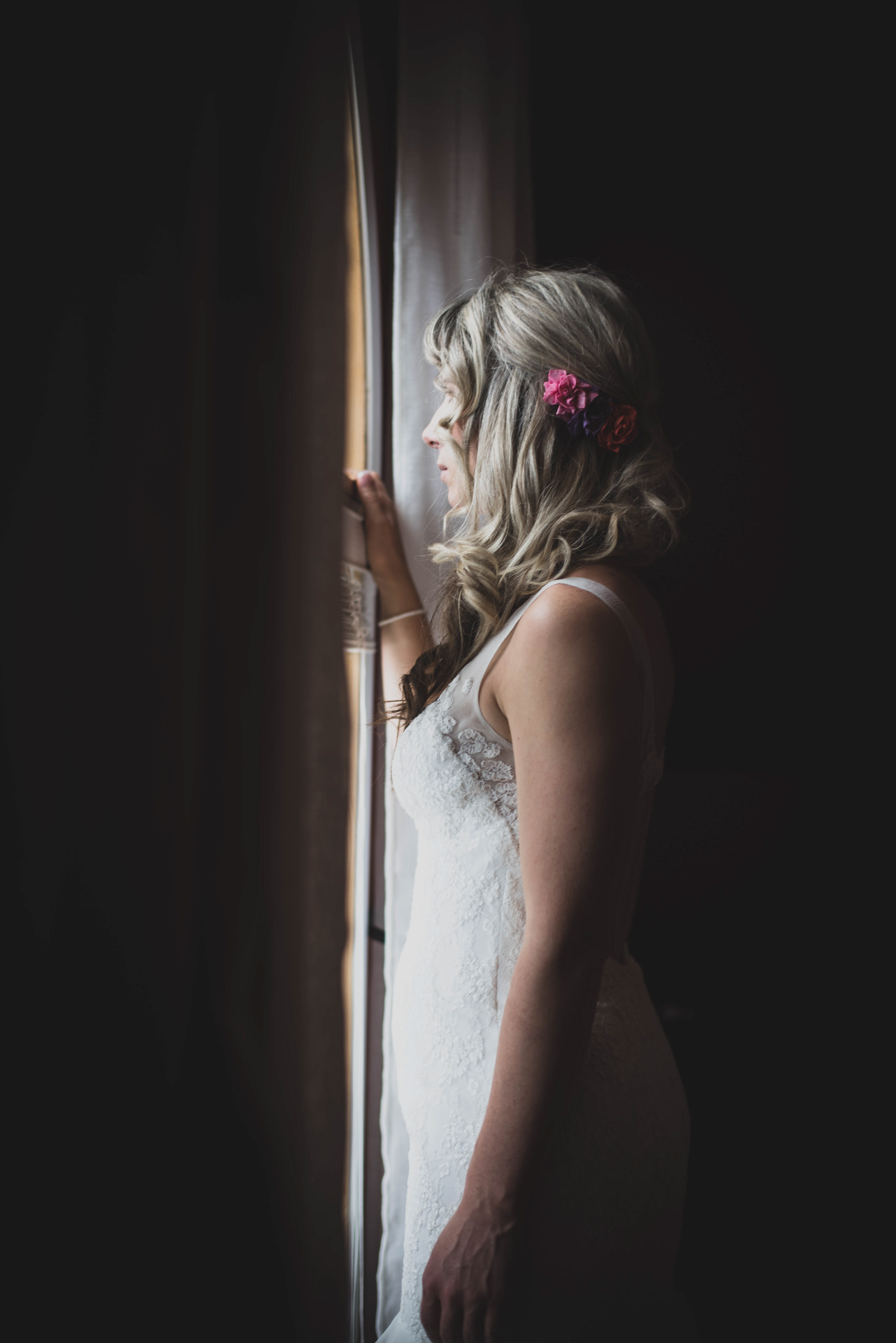bride looking out the window