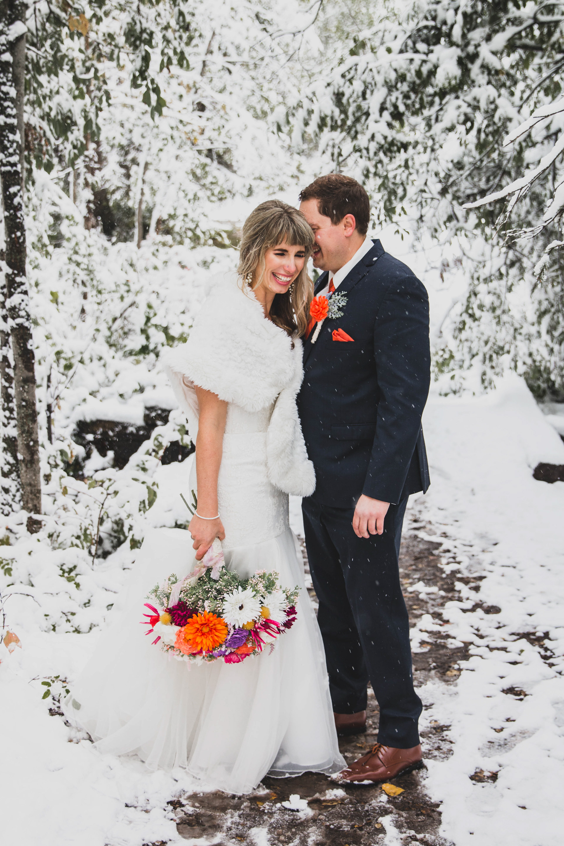 Bride and groom in the winter in Edmonton